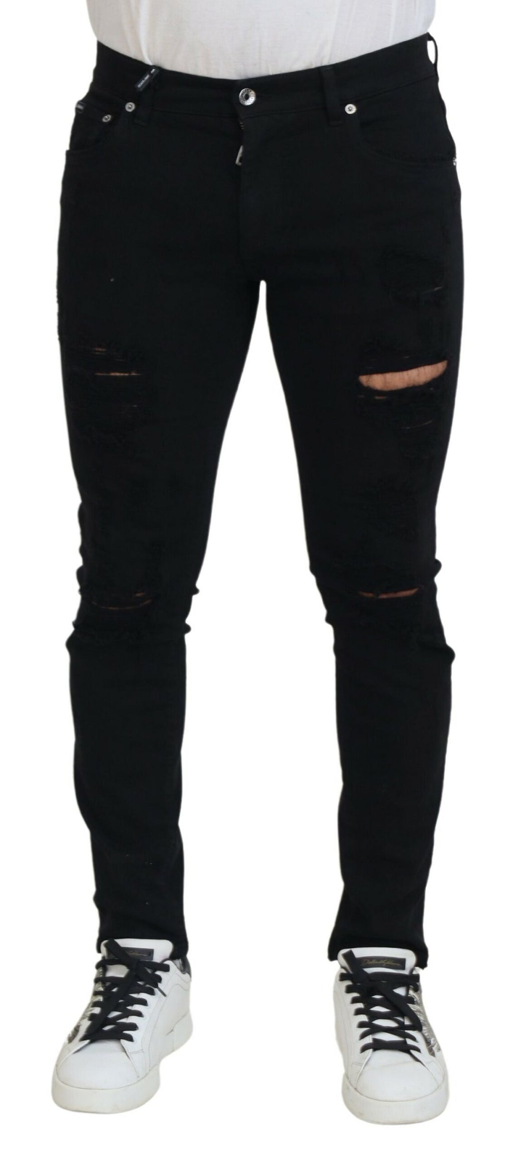 Jeans Dolce & Gabbana en denim de coton noir, coupe slim, effet vieilli
