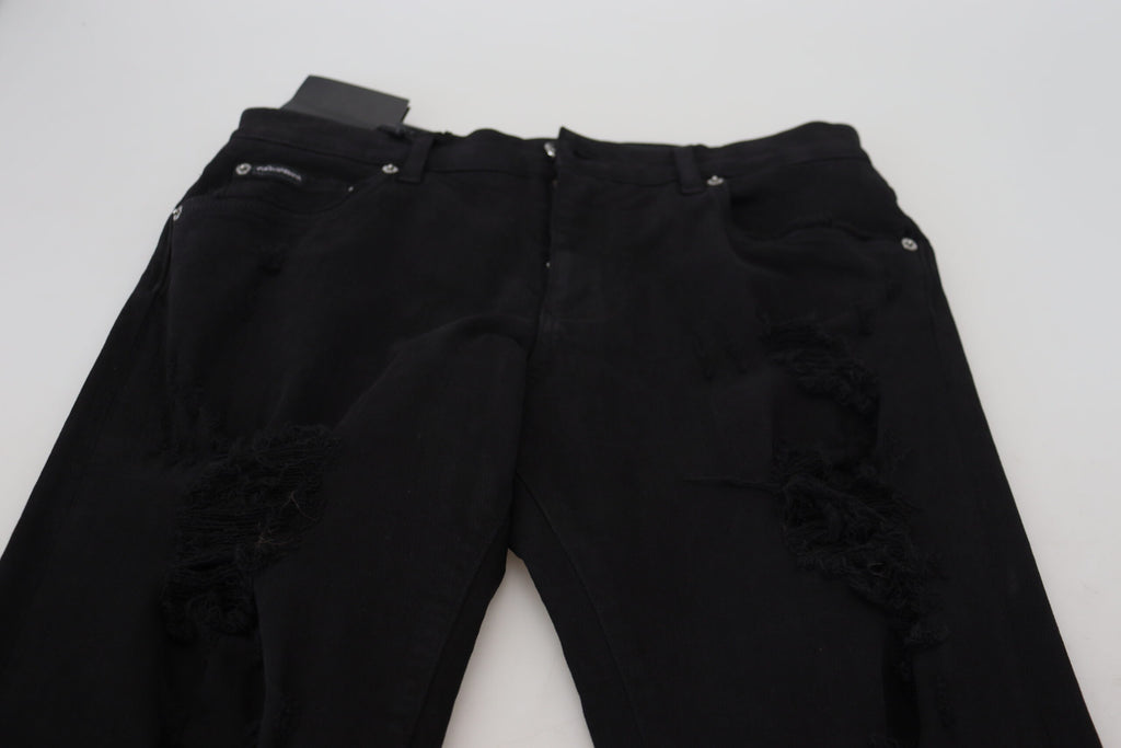Jeans Dolce & Gabbana en denim de coton noir, coupe slim, effet vieilli