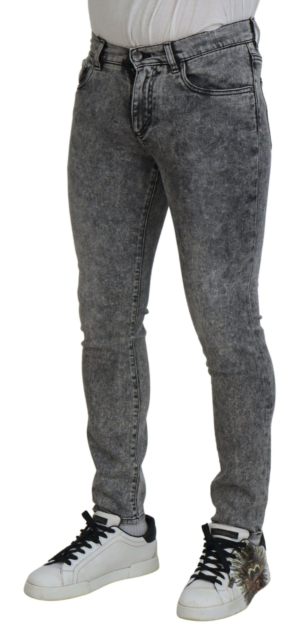 Dolce & Gabbana Jean en denim slim fit délavé en coton gris pour homme