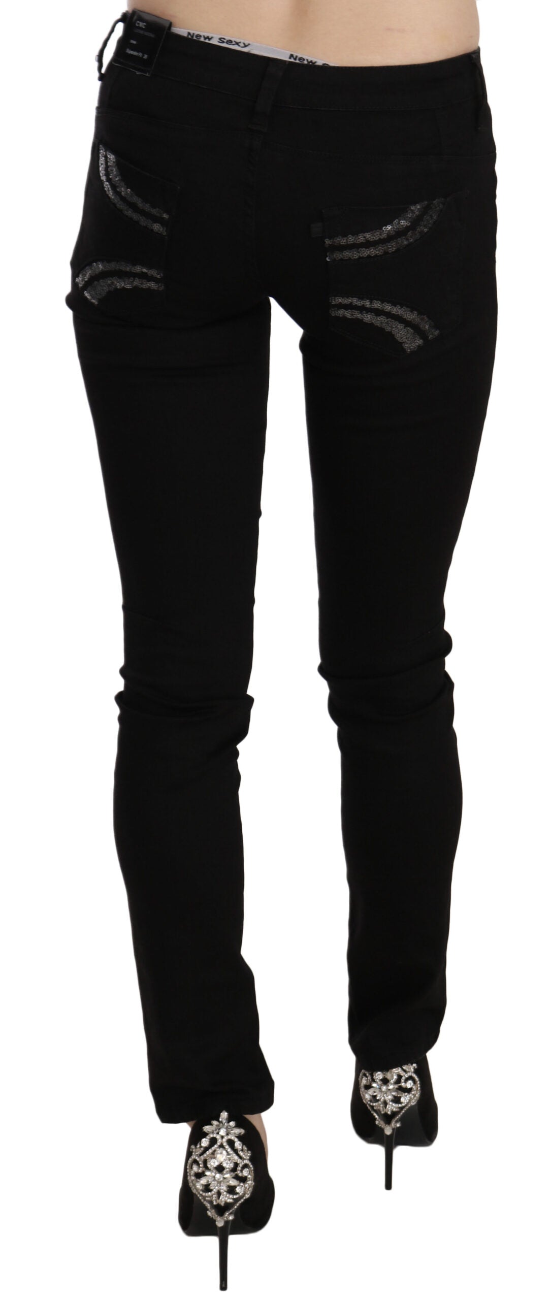 Jean en denim coupe slim taille mi-haute à sequins noirs Costume National