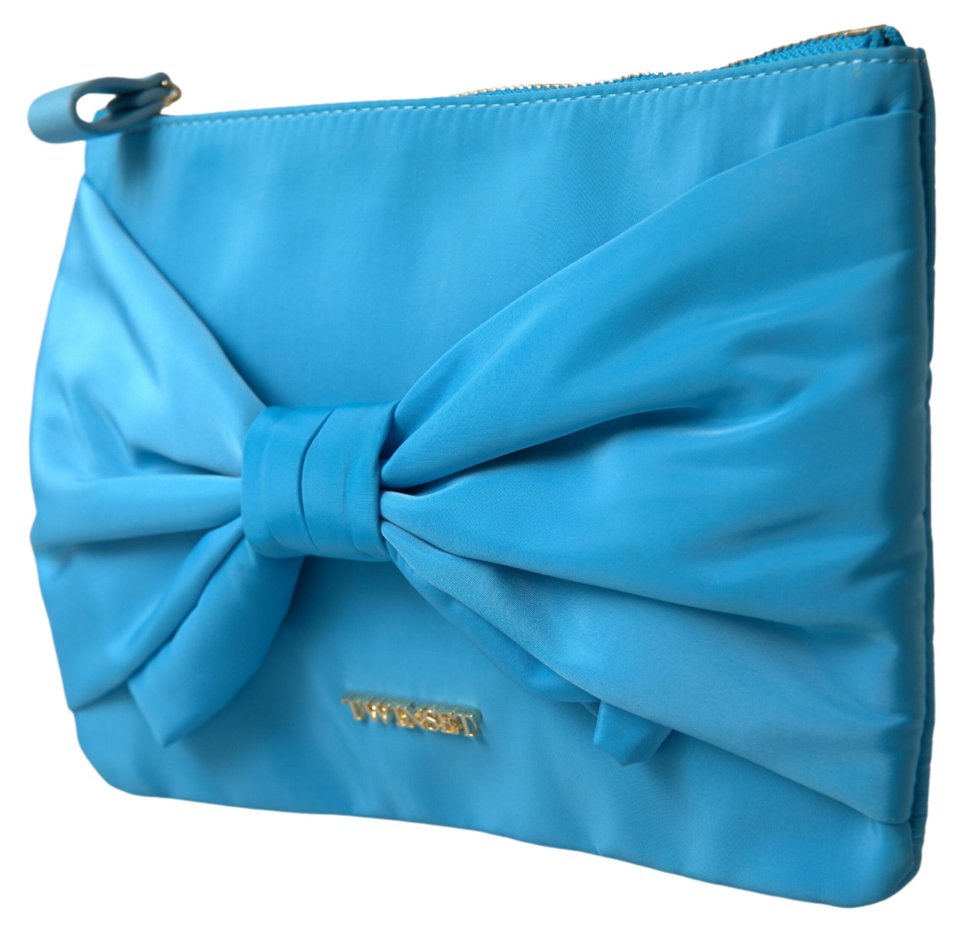 Twinset Blau Tafta Seide Große Schleife Zipper Clutch Frauen Borse Logo Tasche