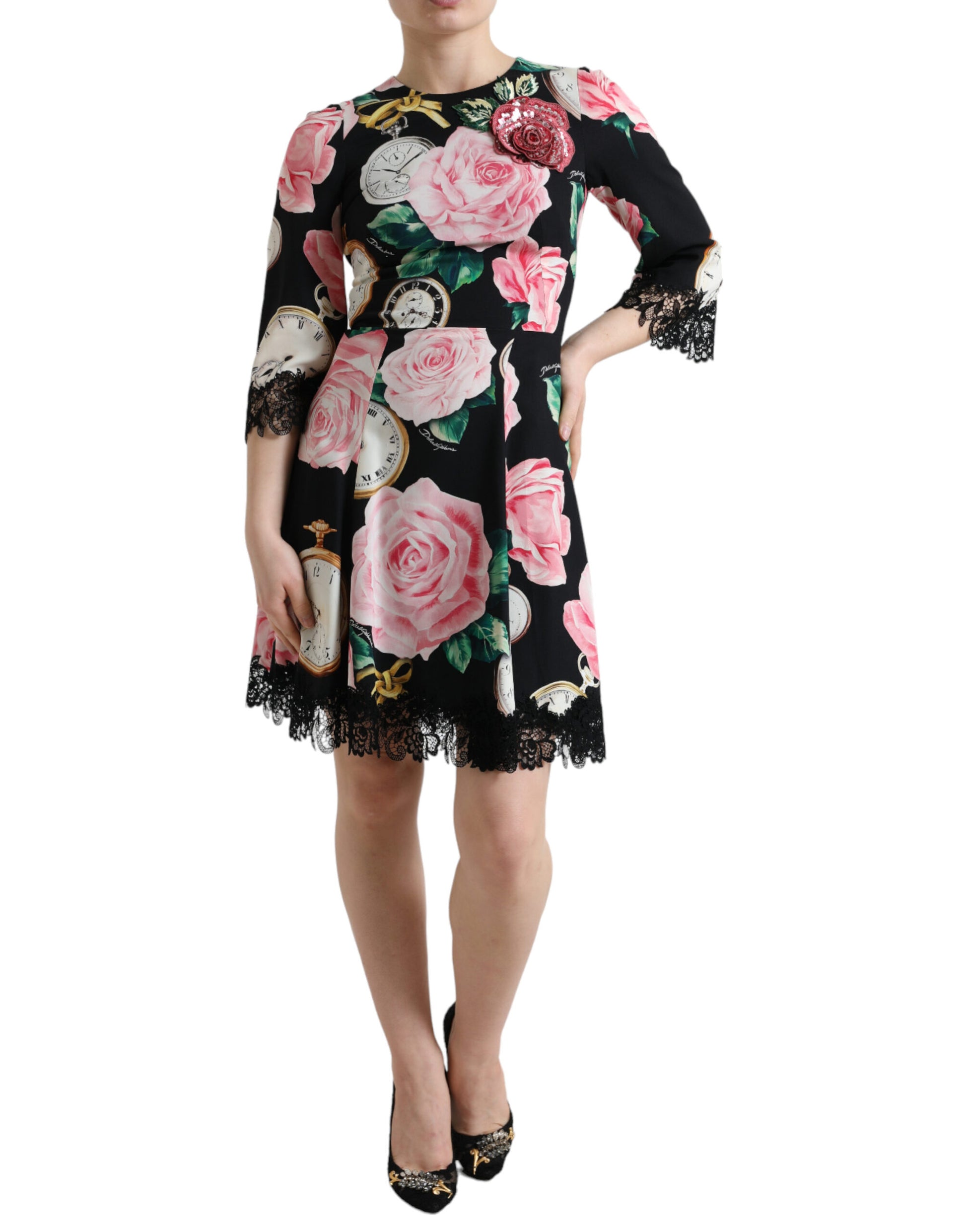 Robe trapèze en dentelle noire ornée de fleurs Dolce & Gabbana