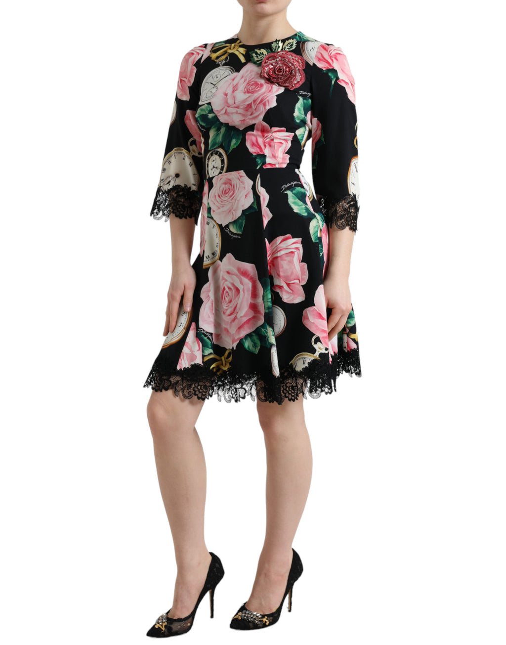 Robe trapèze en dentelle noire ornée de fleurs Dolce & Gabbana