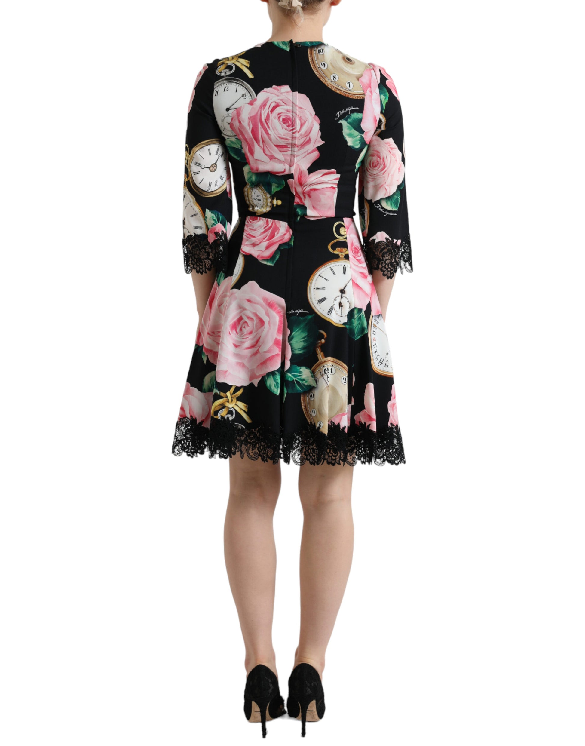 Robe trapèze en dentelle noire ornée de fleurs Dolce & Gabbana