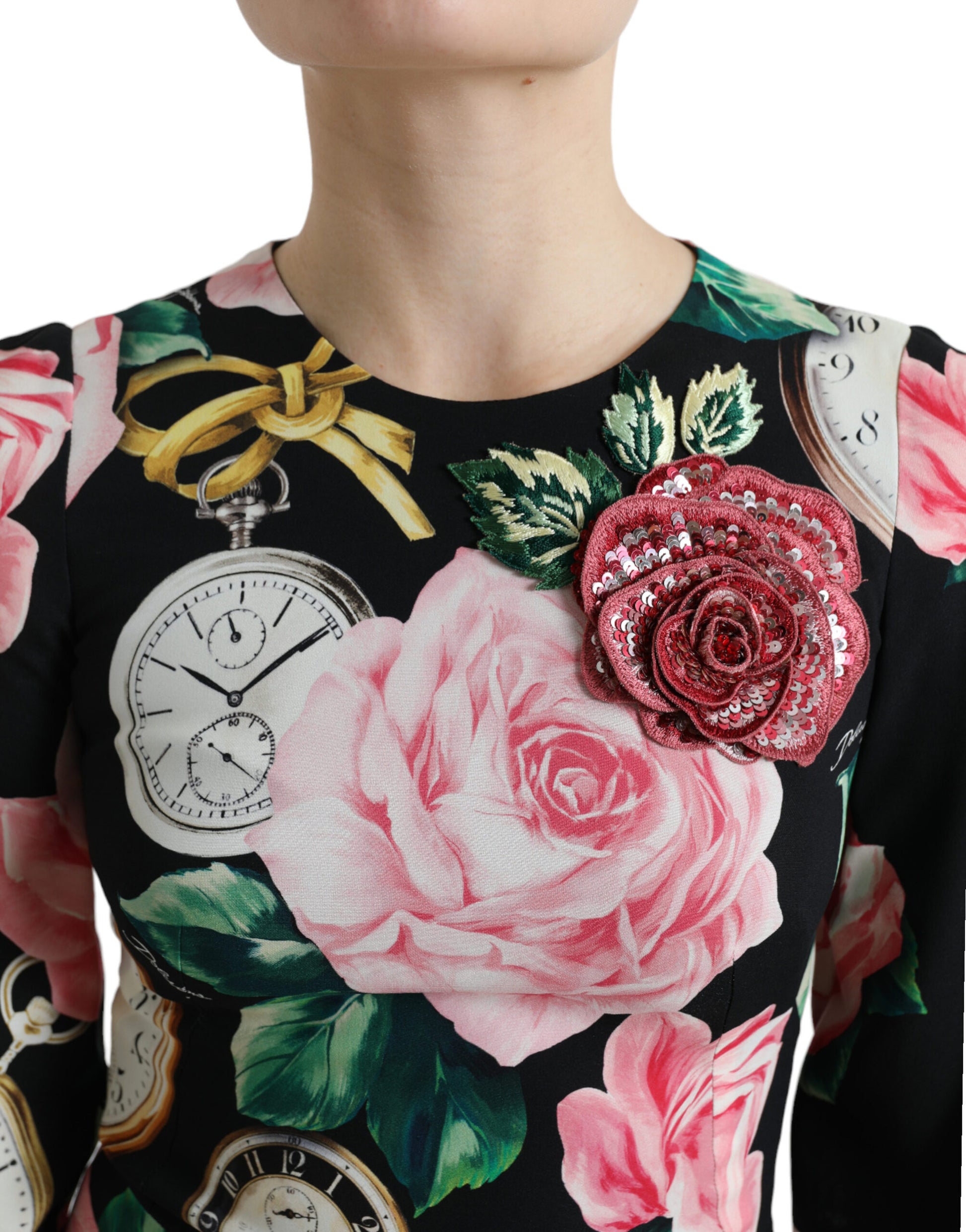 Robe trapèze en dentelle noire ornée de fleurs Dolce & Gabbana