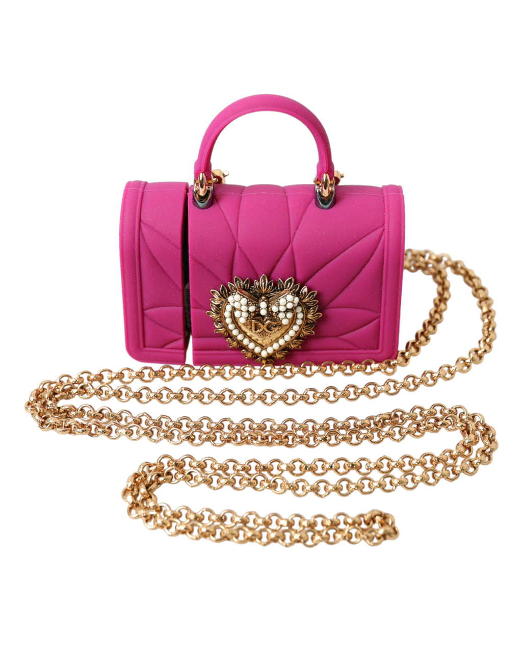 Dolce &amp; Gabbana Devotion Herztasche aus rosa Silikon mit goldener Kette für Airpods