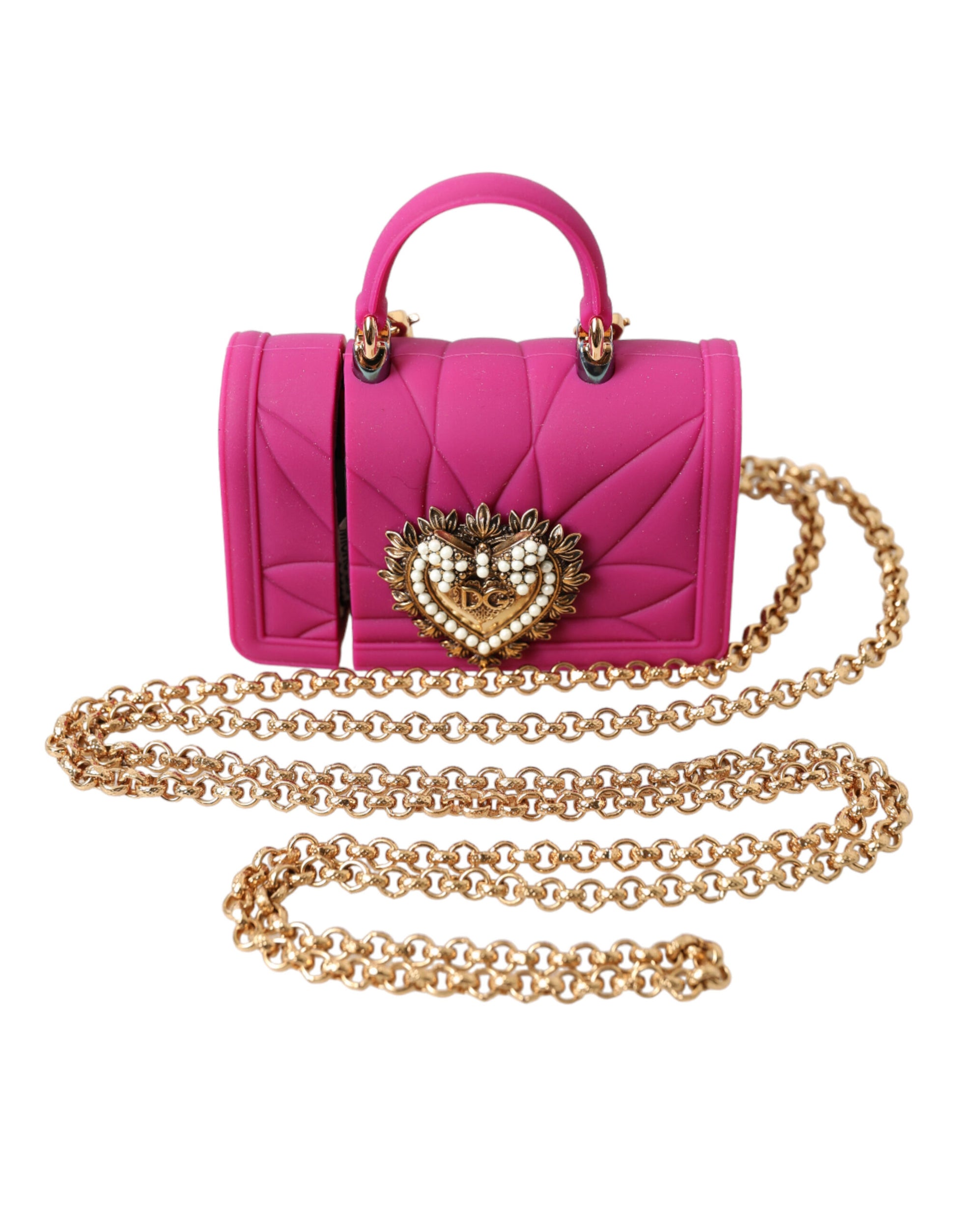 Dolce &amp; Gabbana Devotion Herztasche aus rosa Silikon mit goldener Kette für Airpods