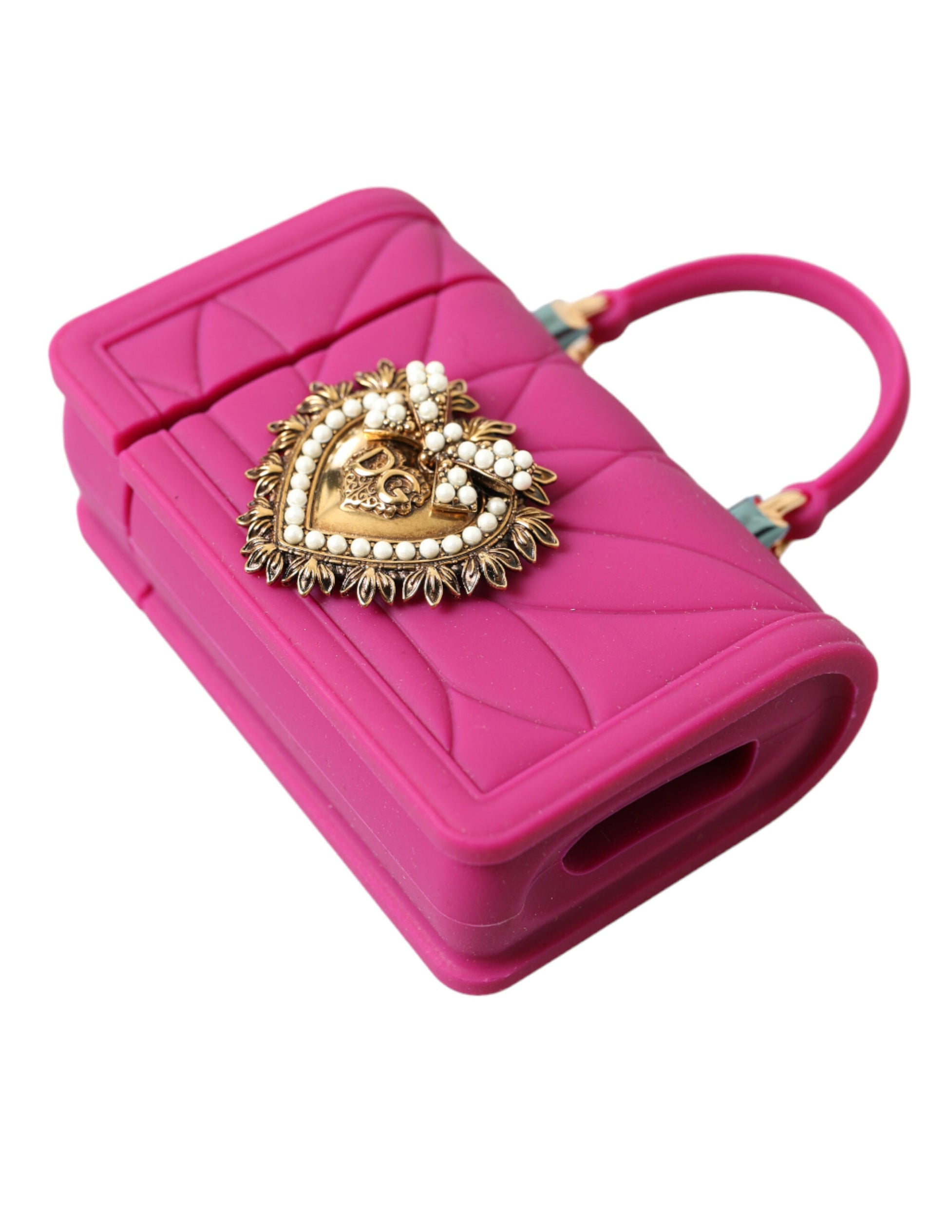 Dolce &amp; Gabbana Devotion Herztasche aus rosa Silikon mit goldener Kette für Airpods