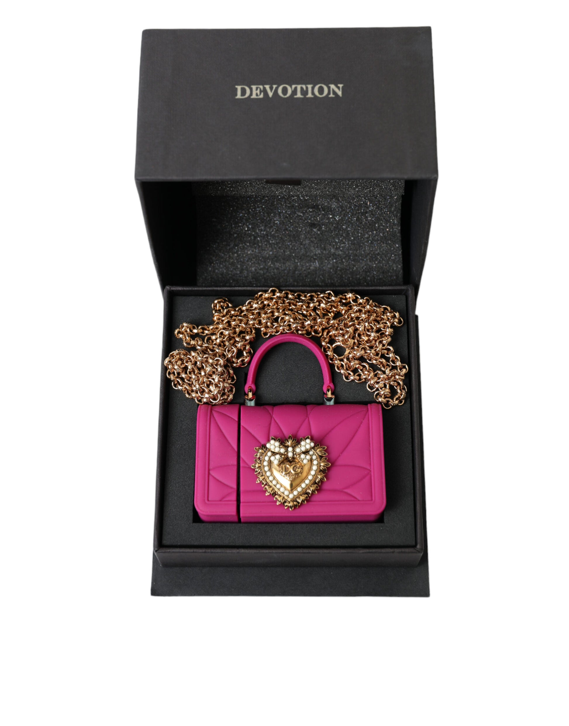 Dolce &amp; Gabbana Devotion Herztasche aus rosa Silikon mit goldener Kette für Airpods