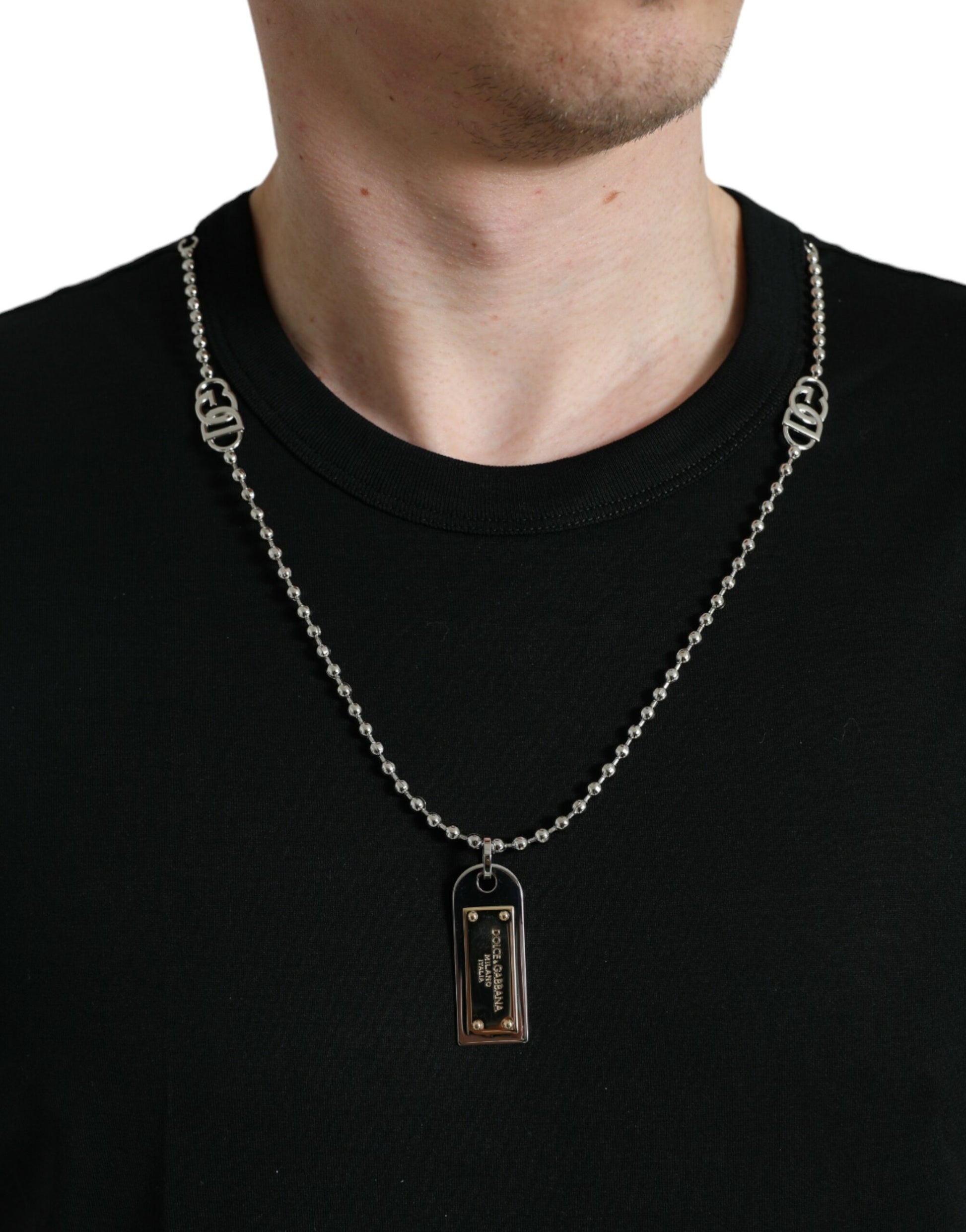 T-shirt Dolce & Gabbana en coton noir avec plaque d'identité et col rond