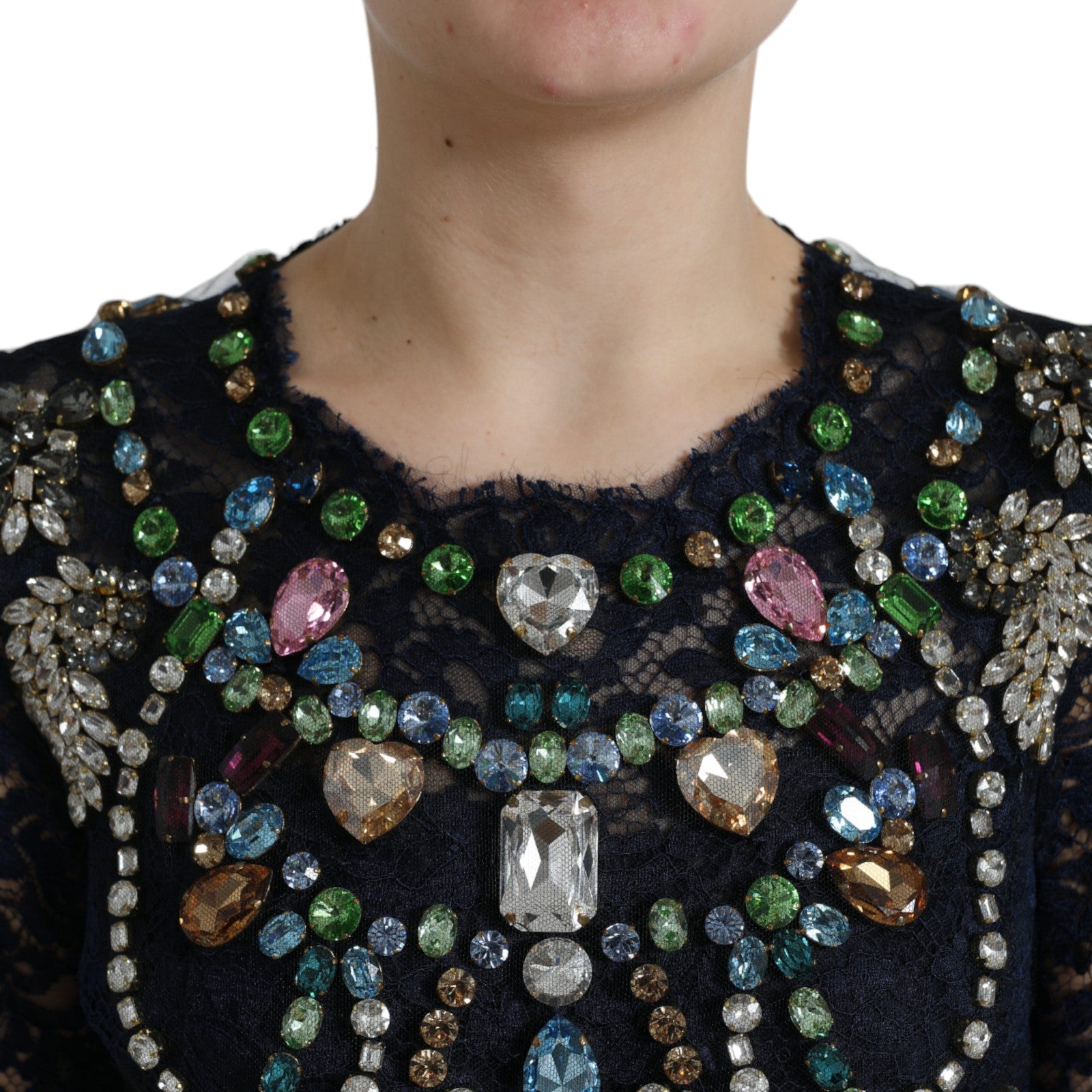 Robe longue en dentelle florale en cristal bleu Dolce & Gabbana