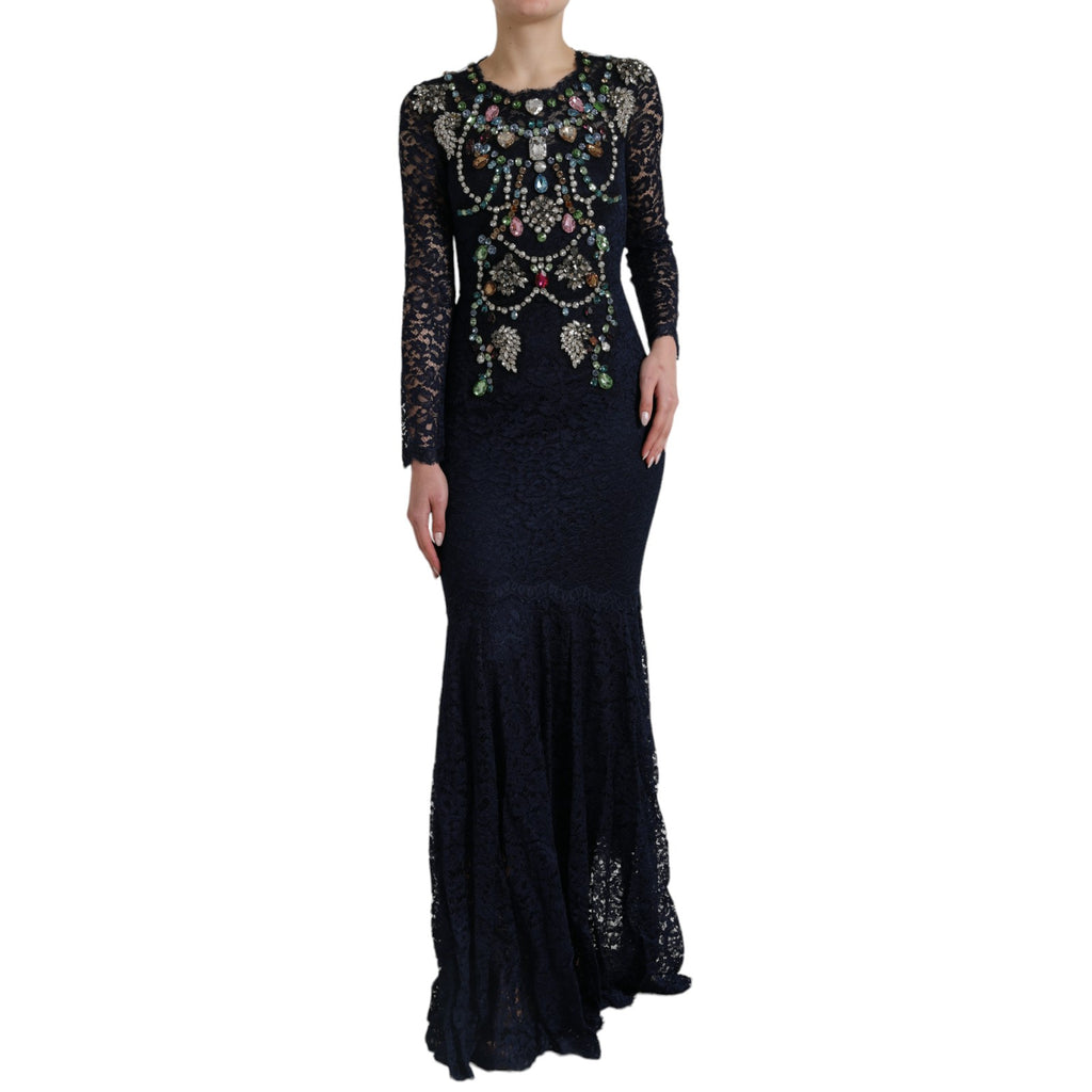 Robe longue en dentelle florale en cristal bleu Dolce & Gabbana