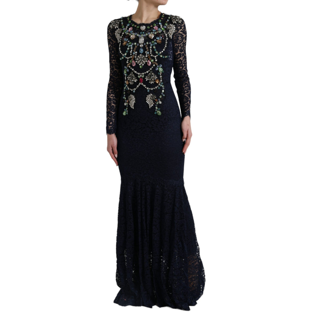 Robe longue en dentelle florale en cristal bleu Dolce & Gabbana