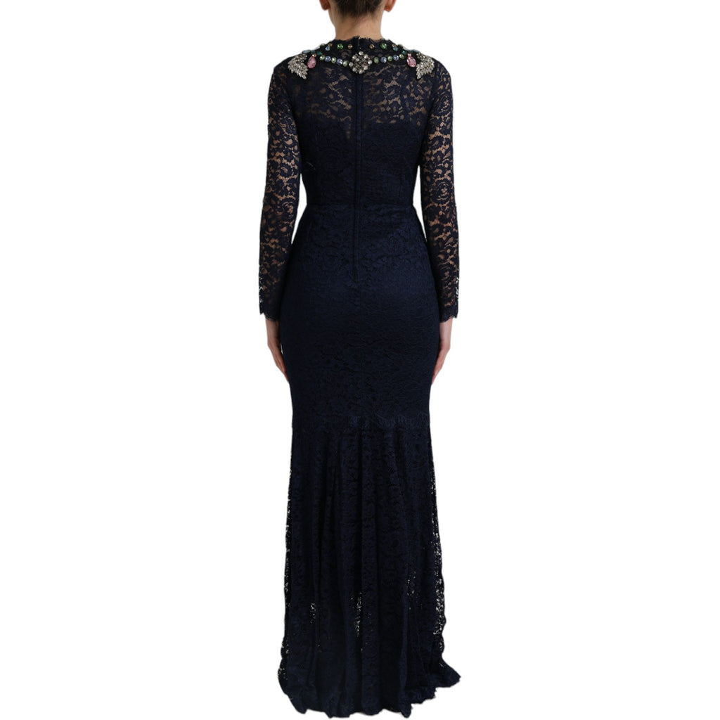 Robe longue en dentelle florale en cristal bleu Dolce & Gabbana