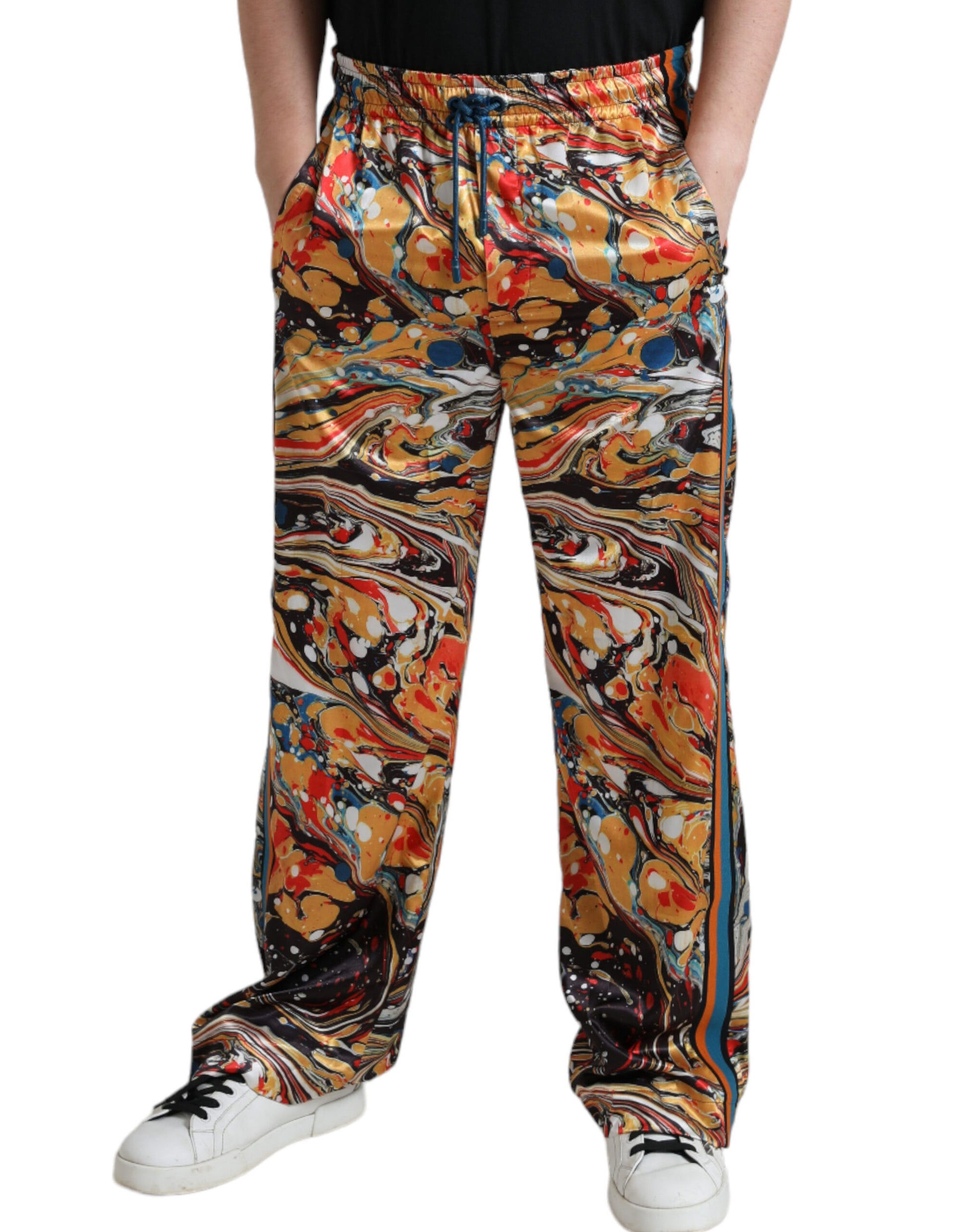 Pantalon en satin à imprimé marbre multicolore Dolce & Gabbana