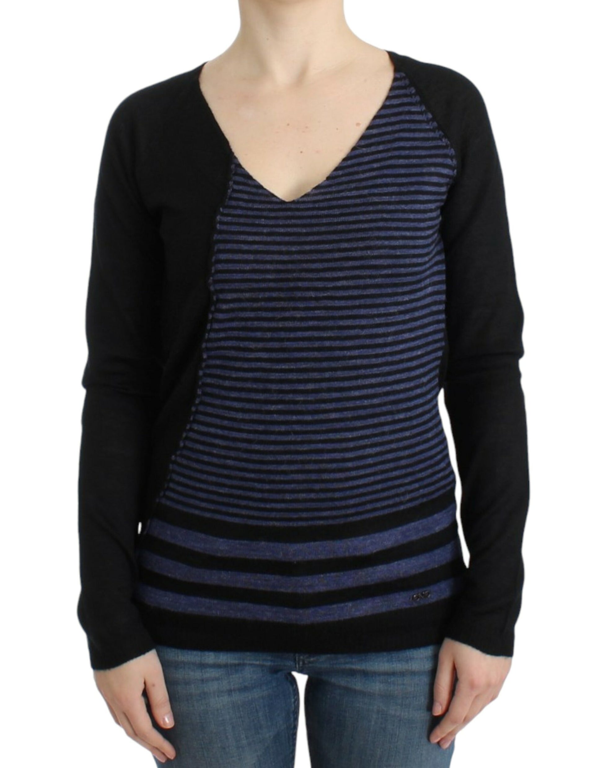 Costume National – Schwarz gestreifter Pullover mit V-Ausschnitt