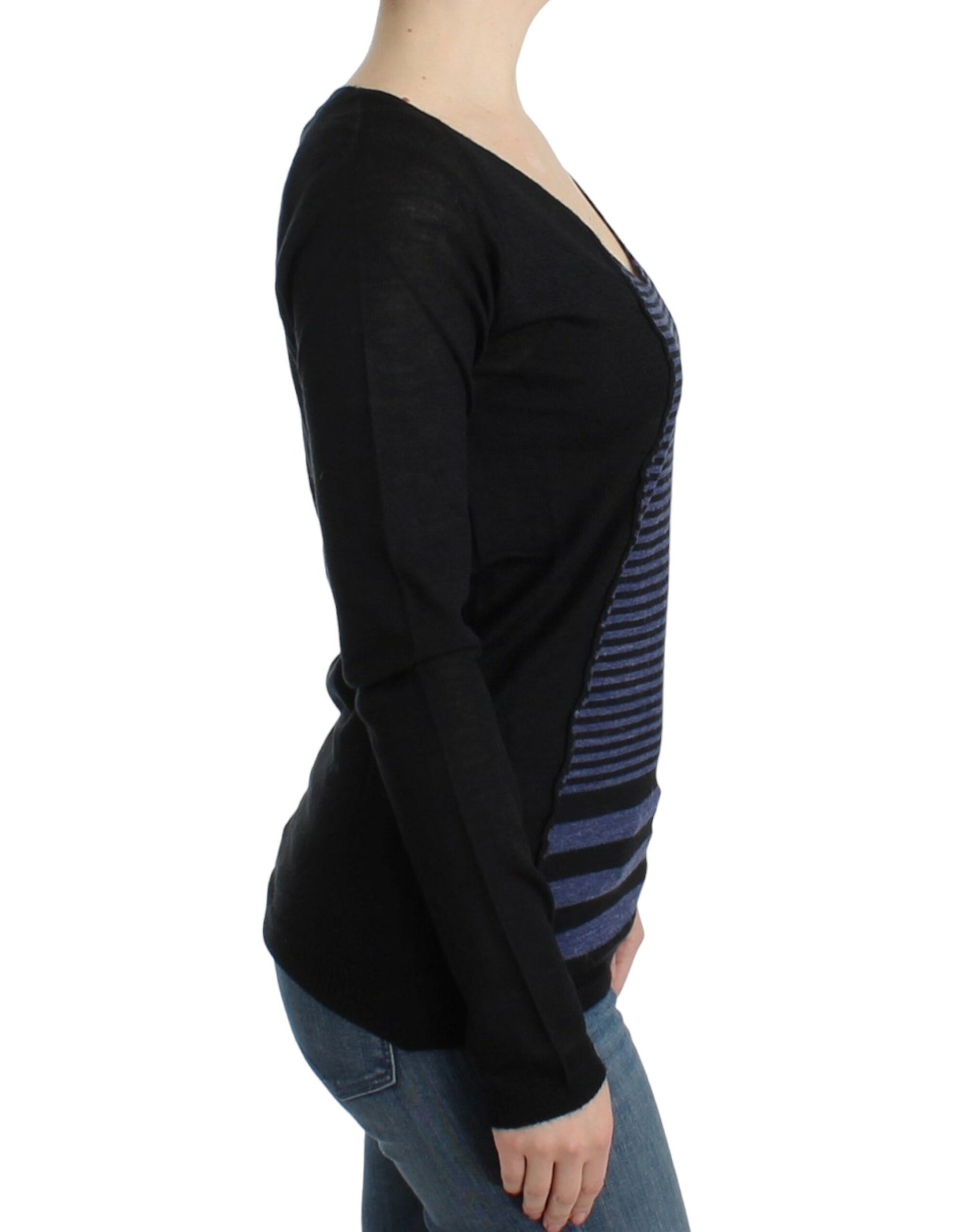 Costume National – Schwarz gestreifter Pullover mit V-Ausschnitt