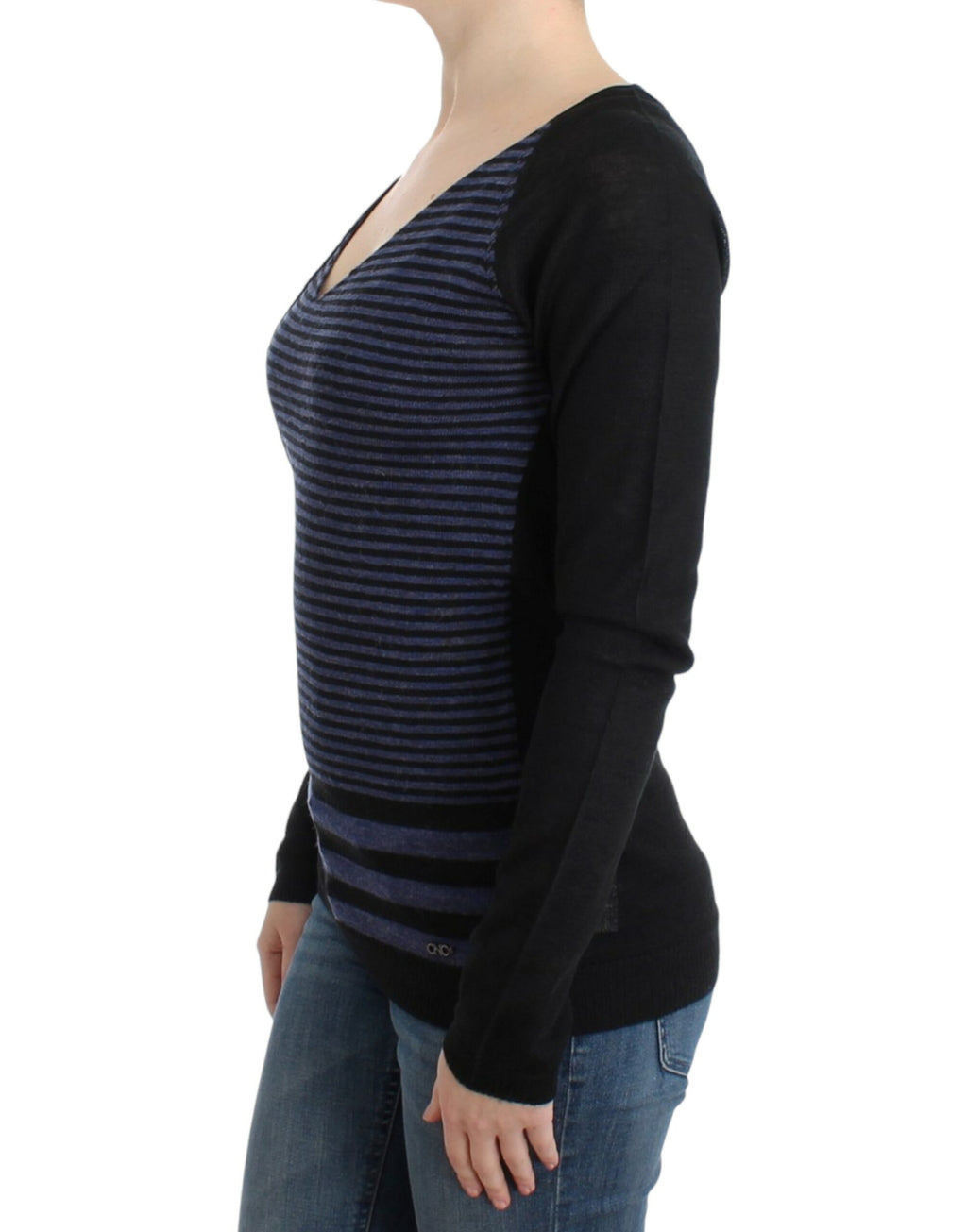 Costume National – Schwarz gestreifter Pullover mit V-Ausschnitt