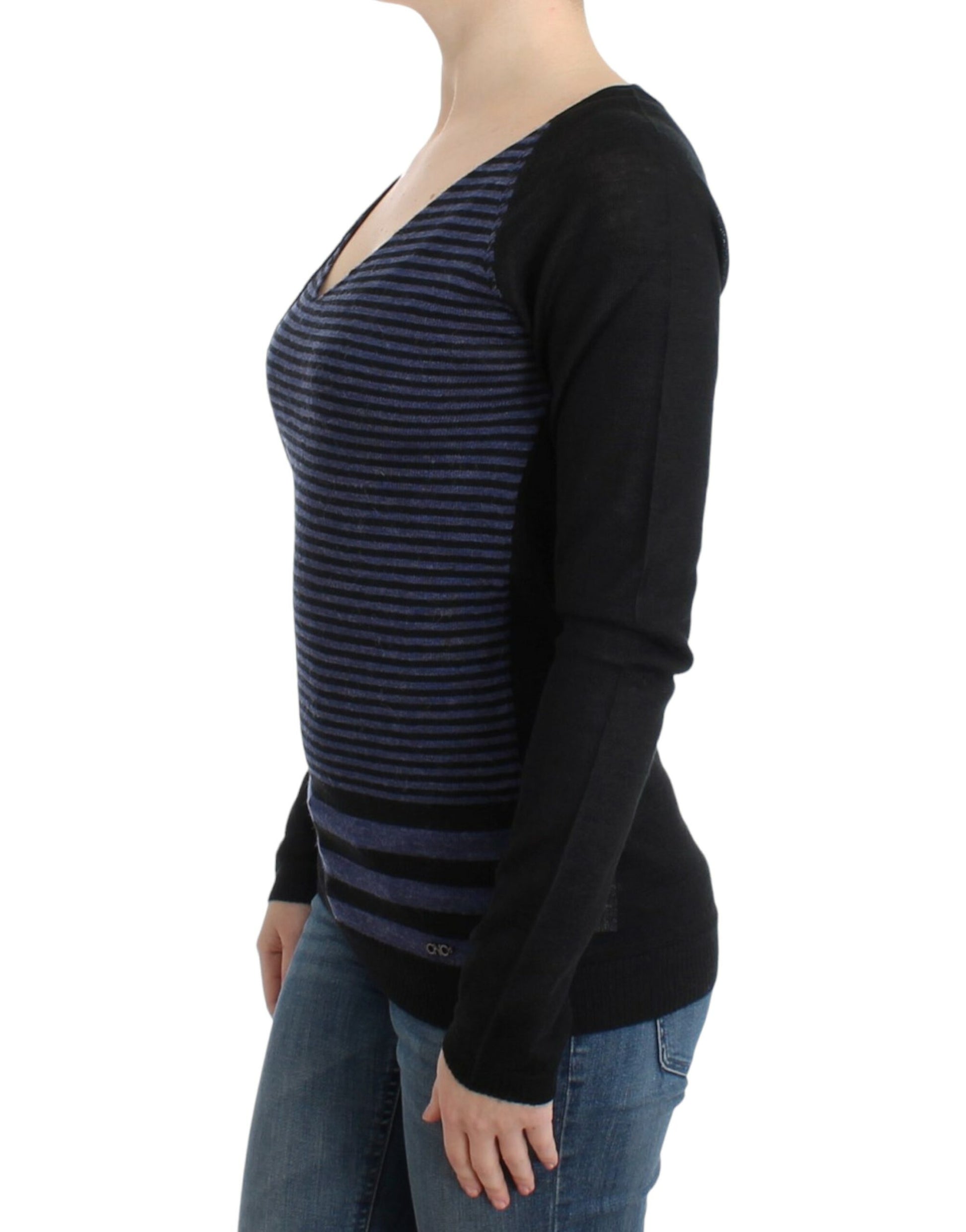 Costume National – Schwarz gestreifter Pullover mit V-Ausschnitt