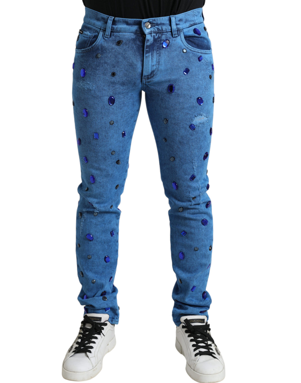 Jean slim en denim orné de cristaux bleus Dolce & Gabbana