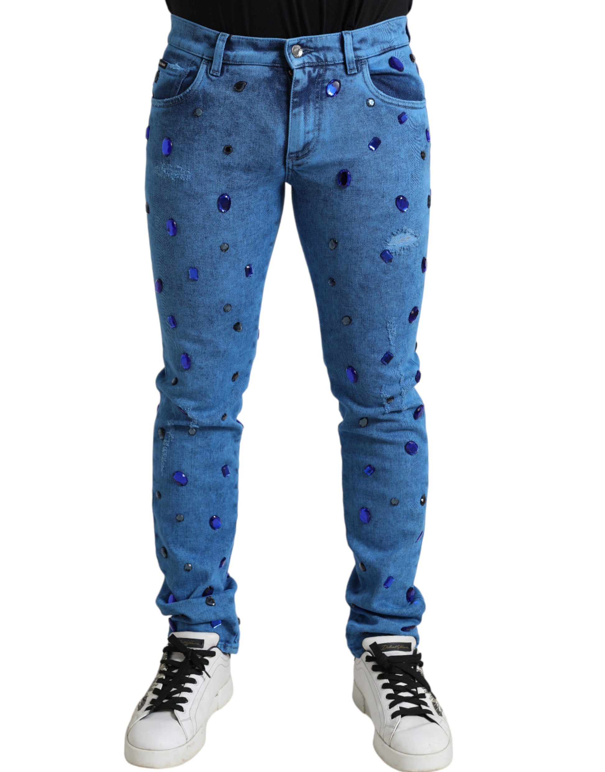Jean slim en denim orné de cristaux bleus Dolce & Gabbana