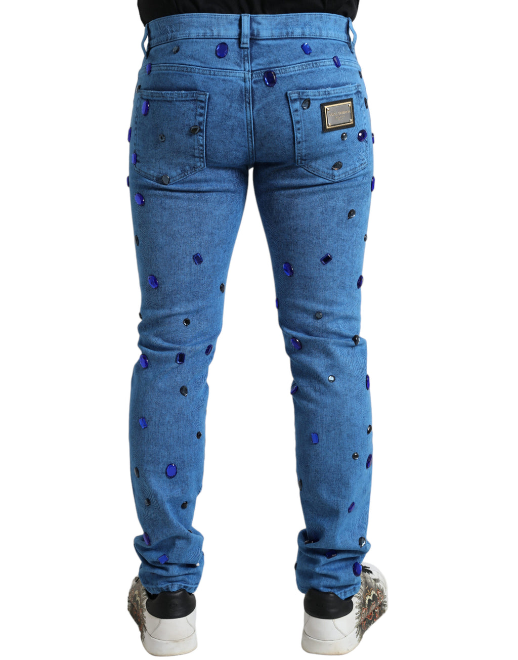 Jean slim en denim orné de cristaux bleus Dolce & Gabbana