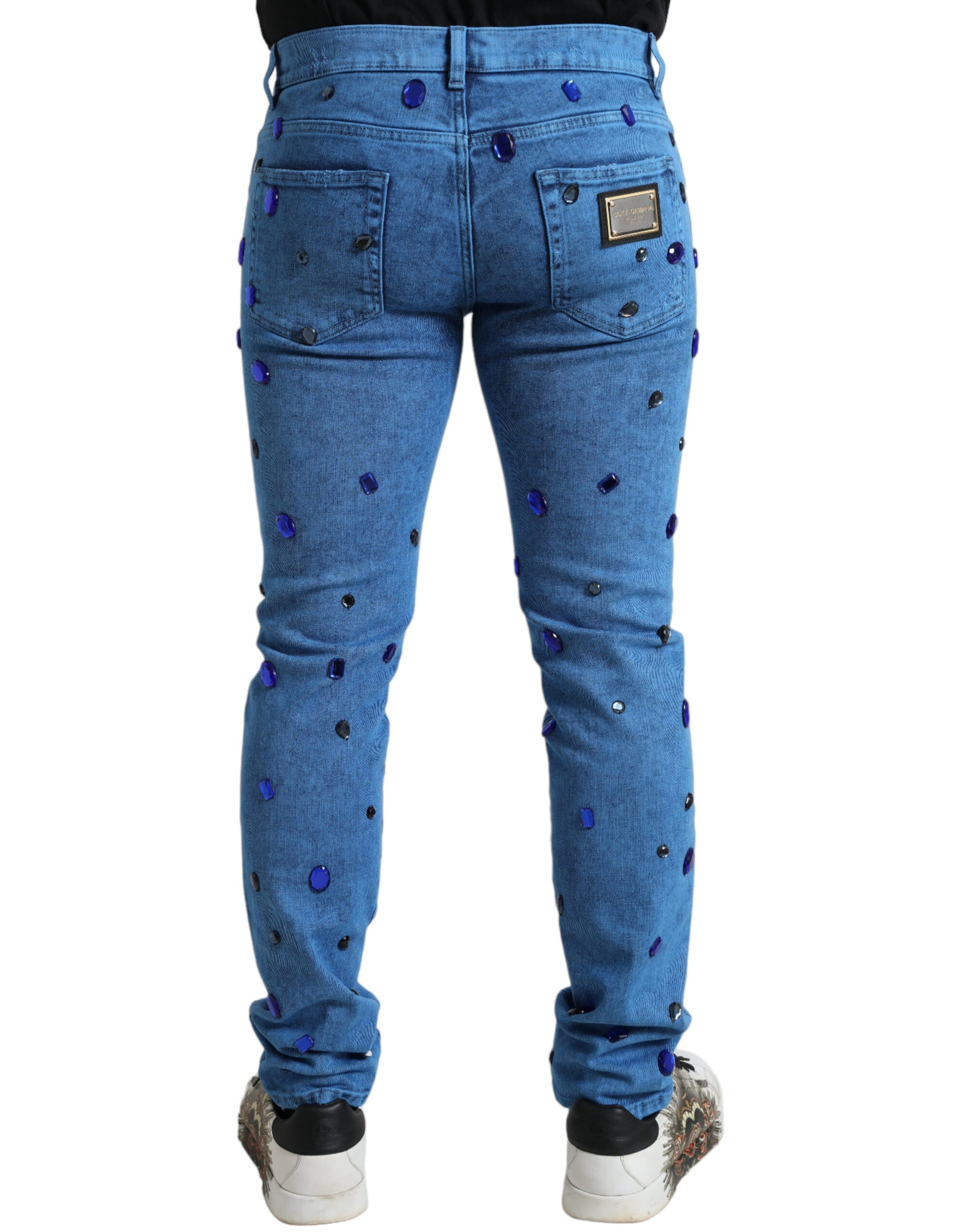 Jean slim en denim orné de cristaux bleus Dolce & Gabbana