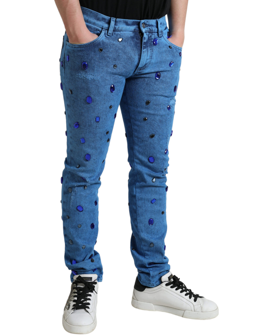 Jean slim en denim orné de cristaux bleus Dolce & Gabbana