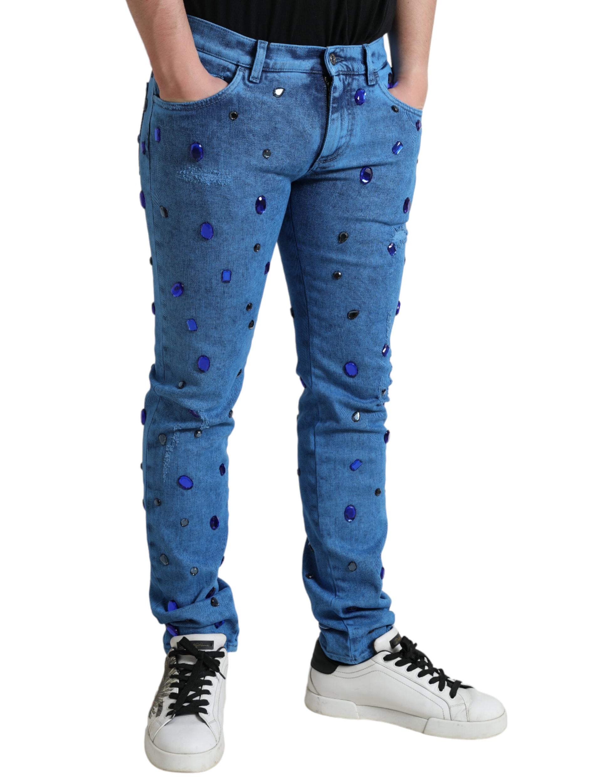 Jean slim en denim orné de cristaux bleus Dolce & Gabbana