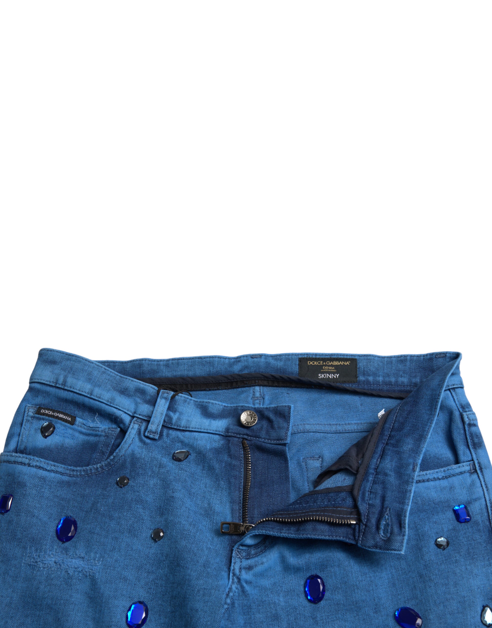 Jean slim en denim orné de cristaux bleus Dolce & Gabbana