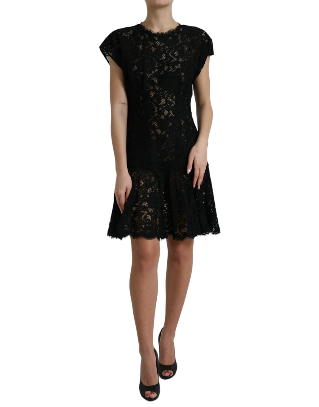 Mini-robe évasée en dentelle florale de coton noire Dolce & Gabbana