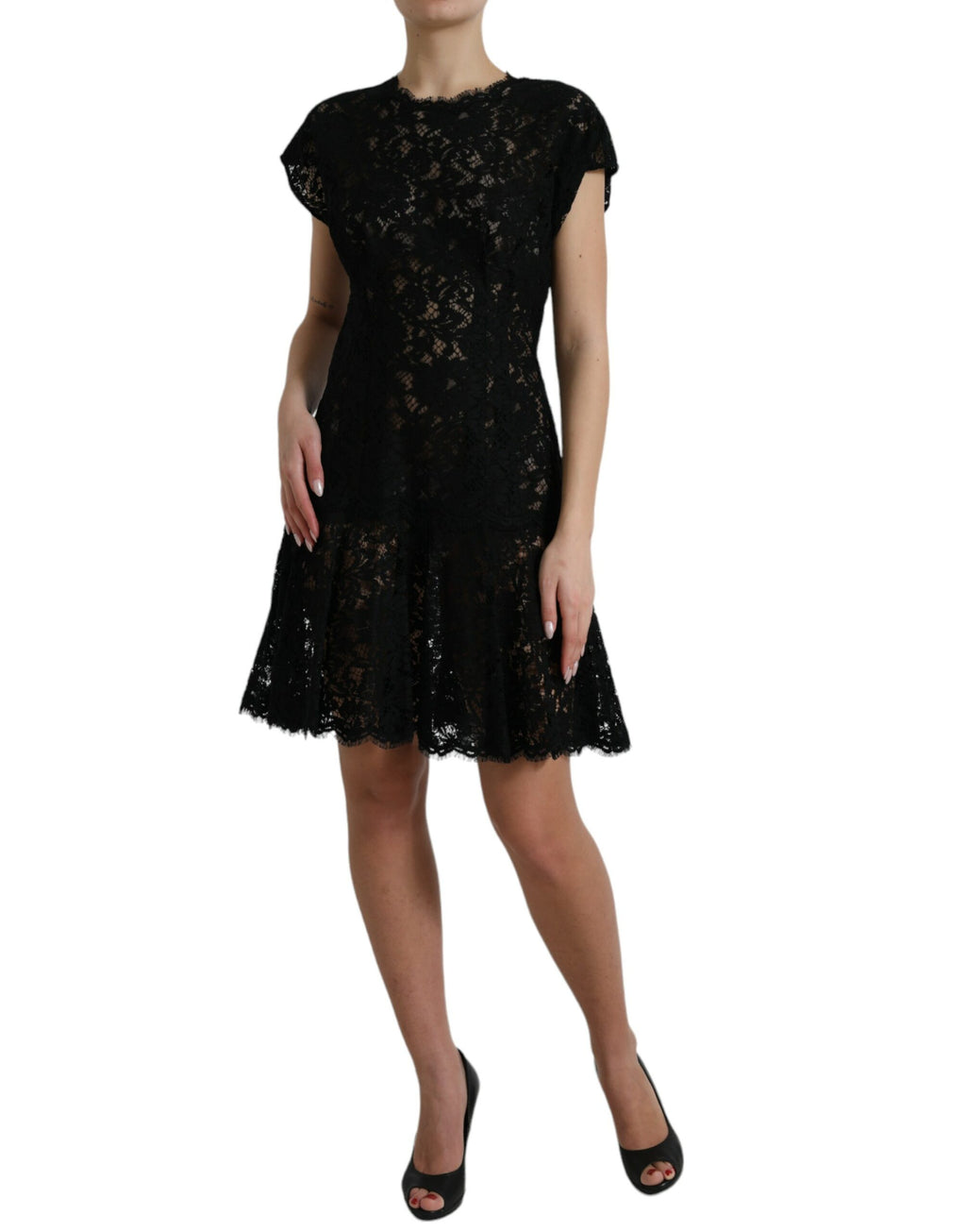 Mini-robe évasée en dentelle florale de coton noire Dolce & Gabbana