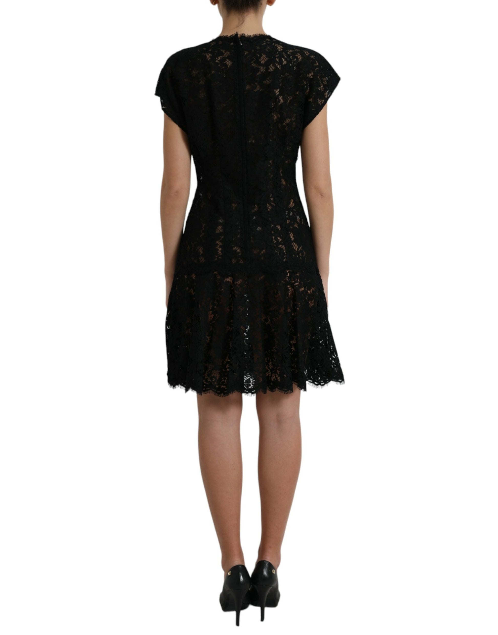 Mini-robe évasée en dentelle florale de coton noire Dolce & Gabbana