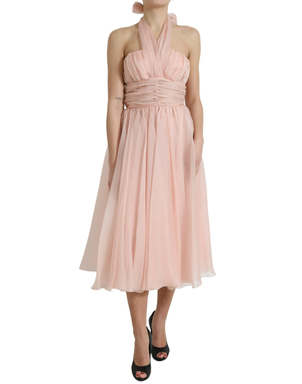 Robe midi plissée en mousseline de soie rose Dolce & Gabbana avec licou et coupe trapèze