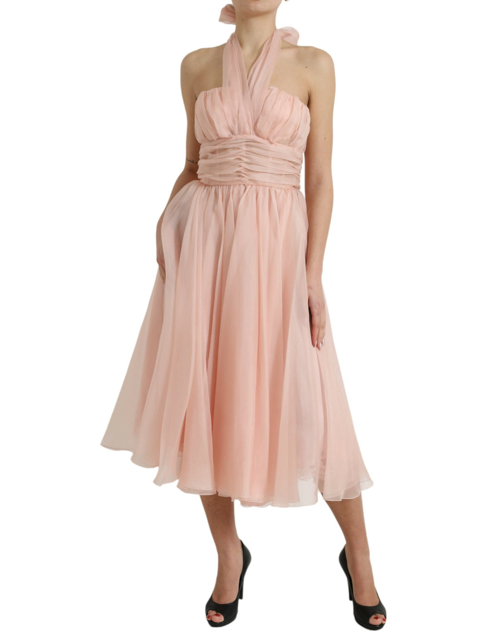Robe midi plissée en mousseline de soie rose Dolce & Gabbana avec licou et coupe trapèze
