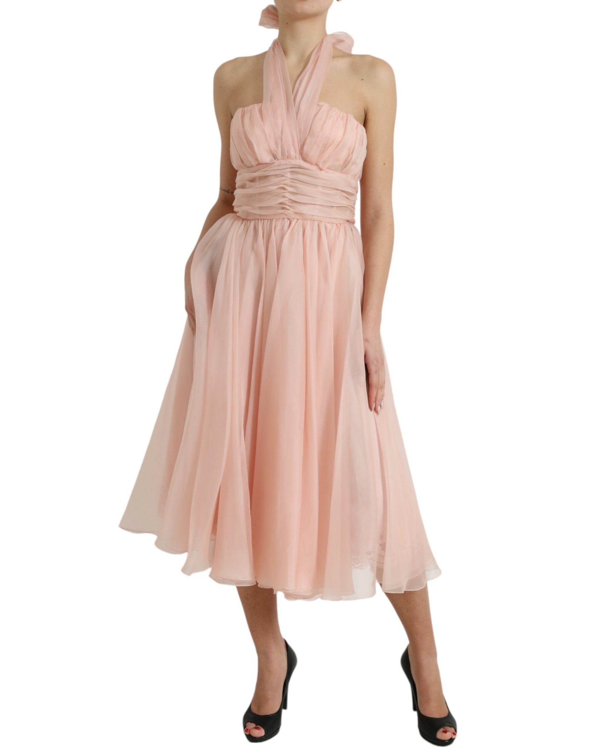 Robe midi plissée en mousseline de soie rose Dolce & Gabbana avec licou et coupe trapèze