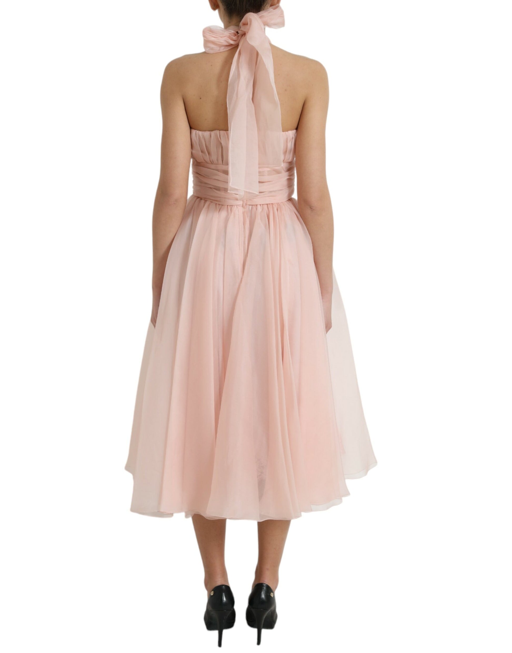 Robe midi plissée en mousseline de soie rose Dolce & Gabbana avec licou et coupe trapèze