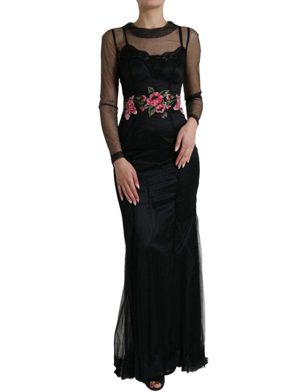 Robe de soirée Dolce & Gabbana en tulle brodé de fleurs noires