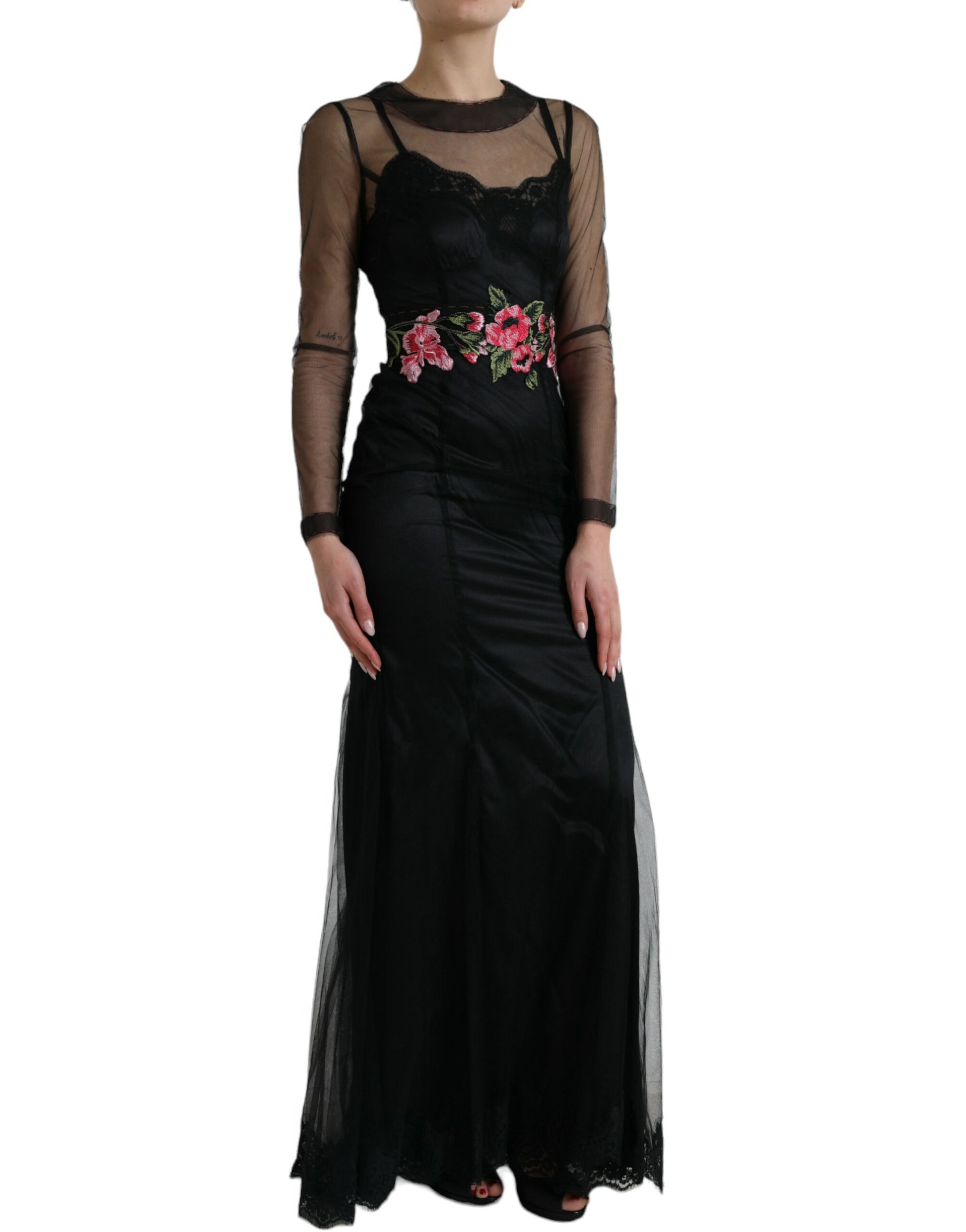 Robe de soirée Dolce & Gabbana en tulle brodé de fleurs noires