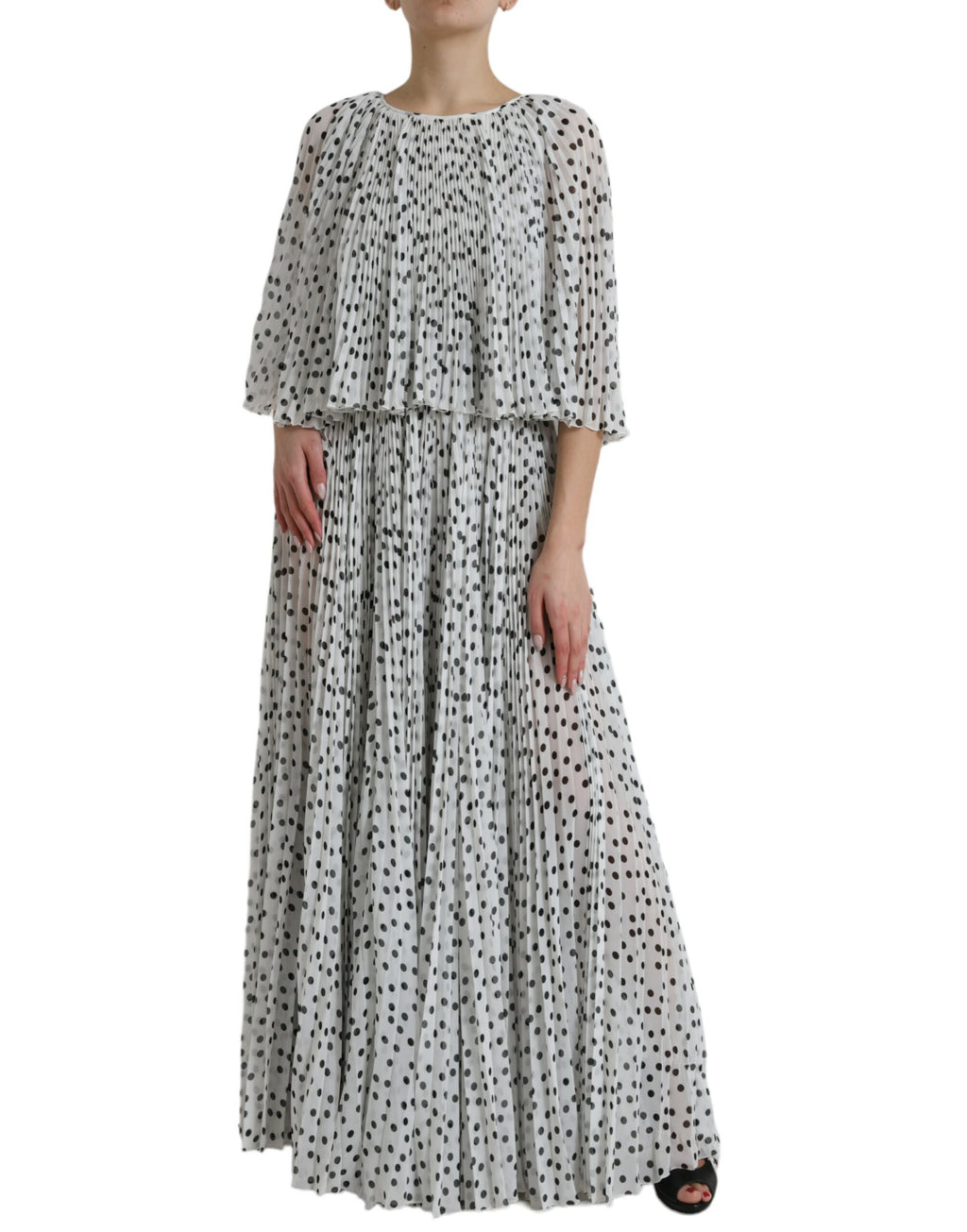 Robe longue plissée évasée à pois blancs Dolce & Gabbana