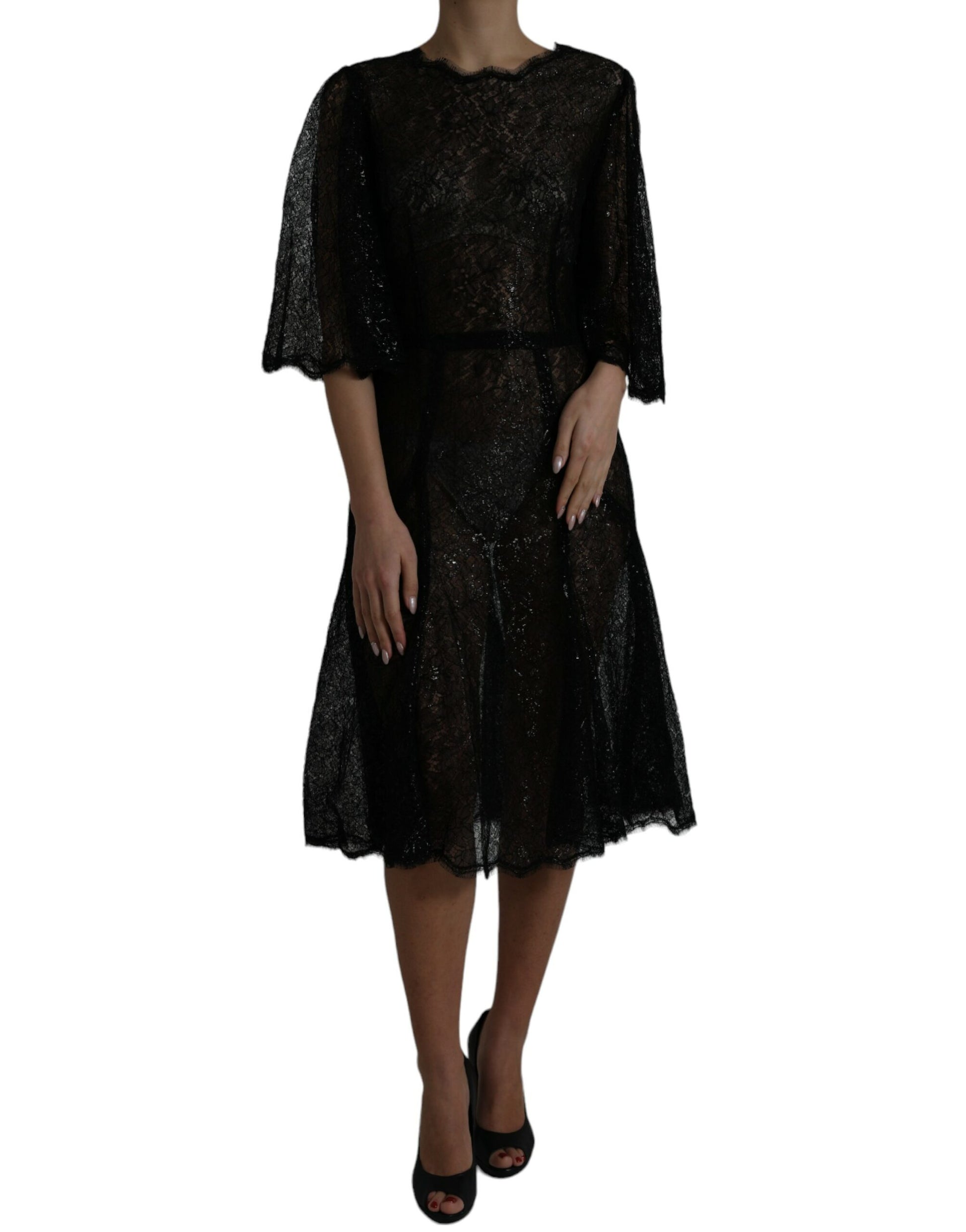Robe midi évasée transparente en dentelle florale noire Dolce & Gabbana