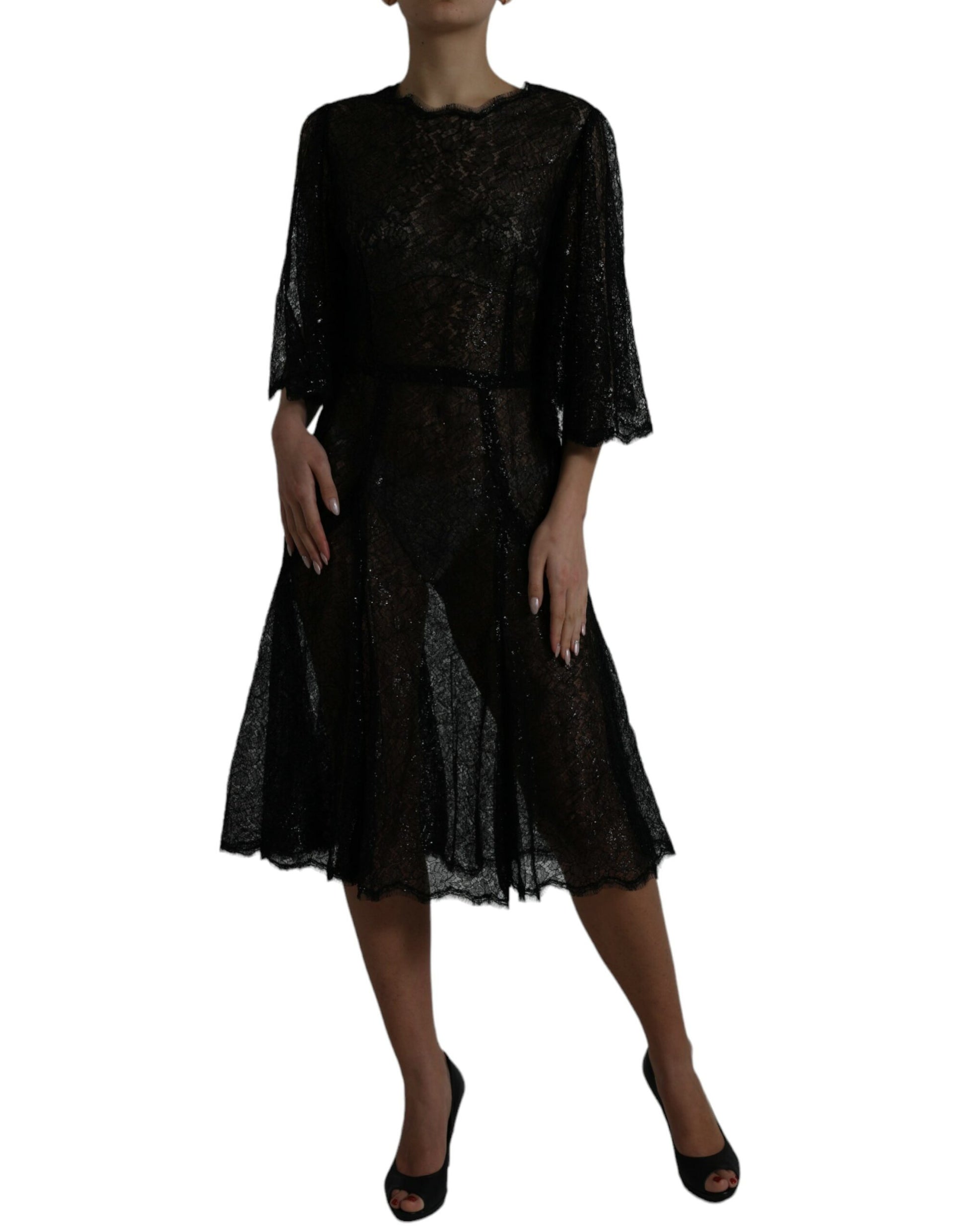 Robe midi évasée transparente en dentelle florale noire Dolce & Gabbana