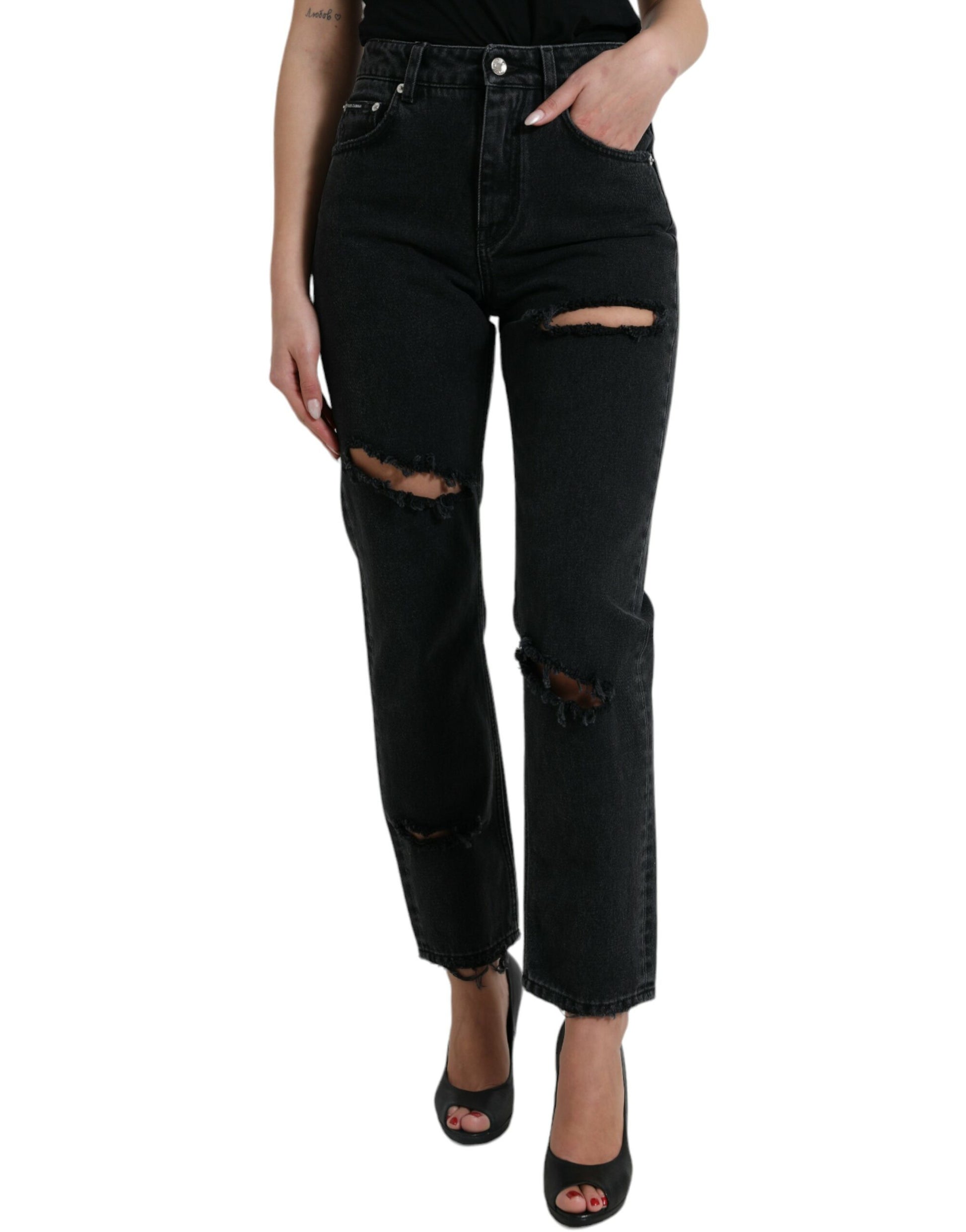 Jean en denim déchiré taille haute en coton noir Dolce & Gabbana