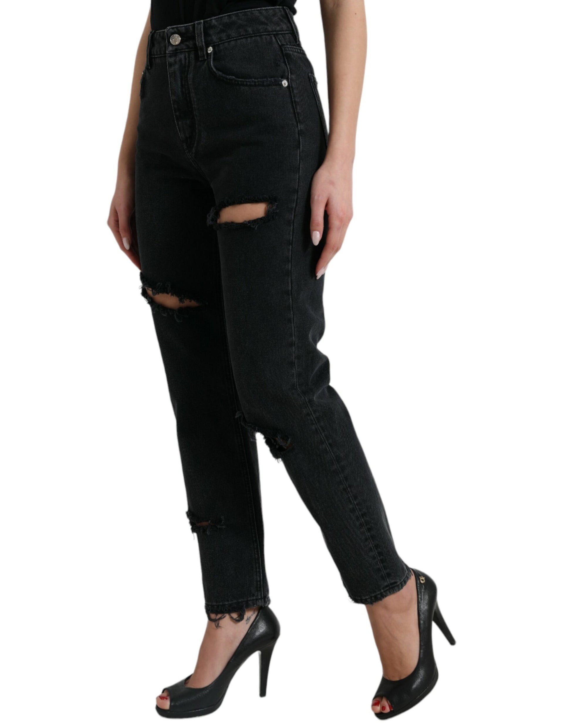 Jean en denim déchiré taille haute en coton noir Dolce & Gabbana