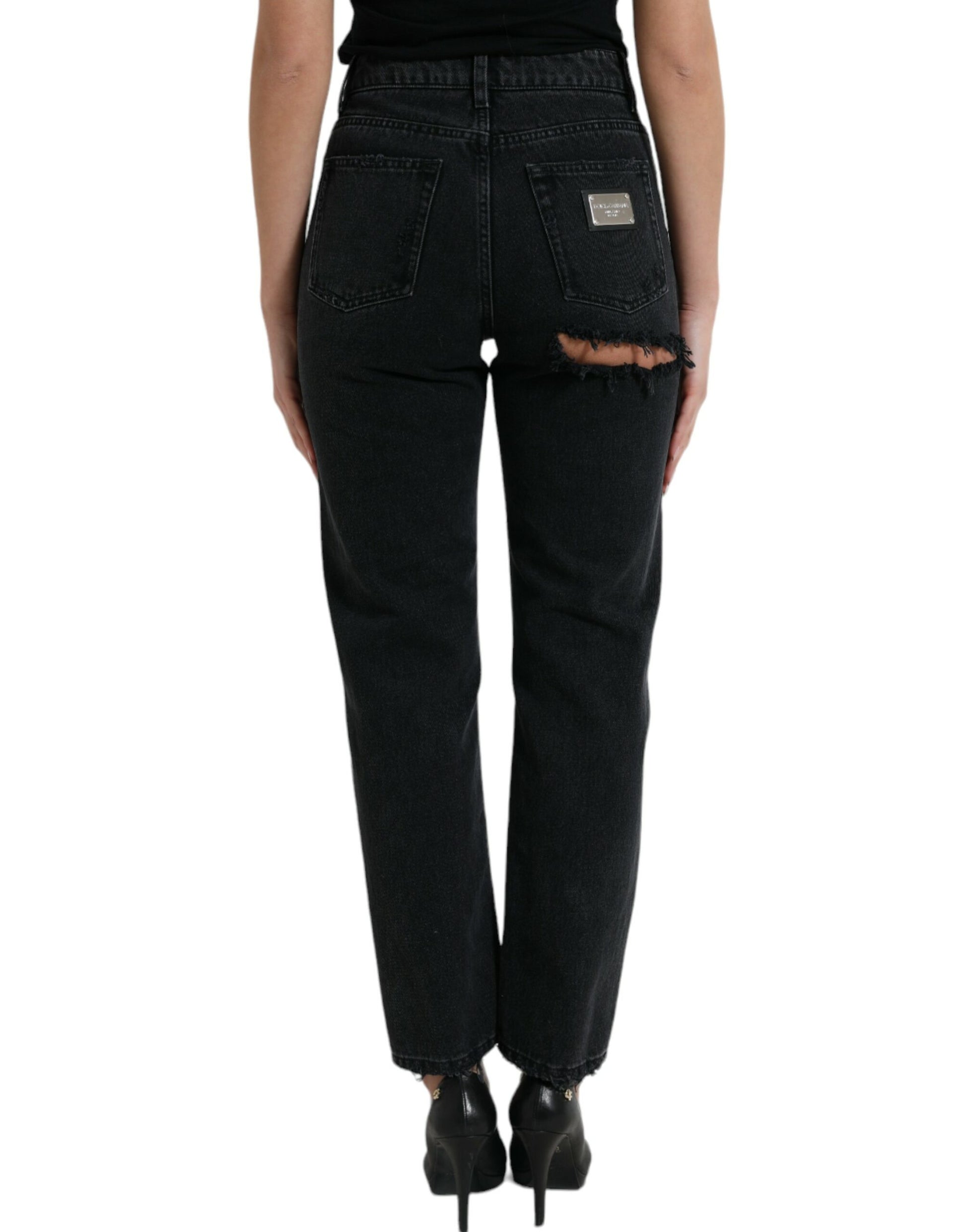 Jean en denim déchiré taille haute en coton noir Dolce & Gabbana