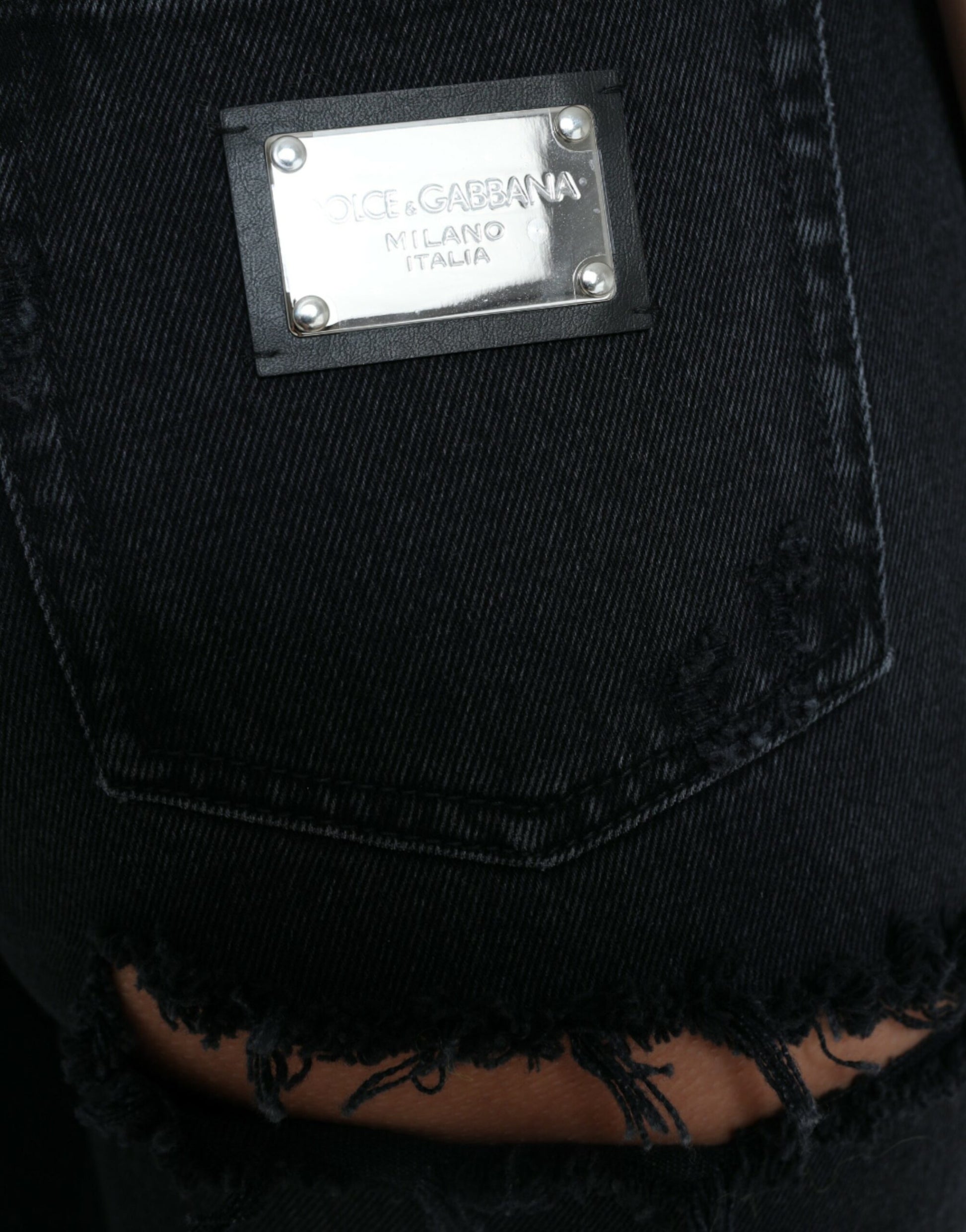 Jean en denim déchiré taille haute en coton noir Dolce & Gabbana