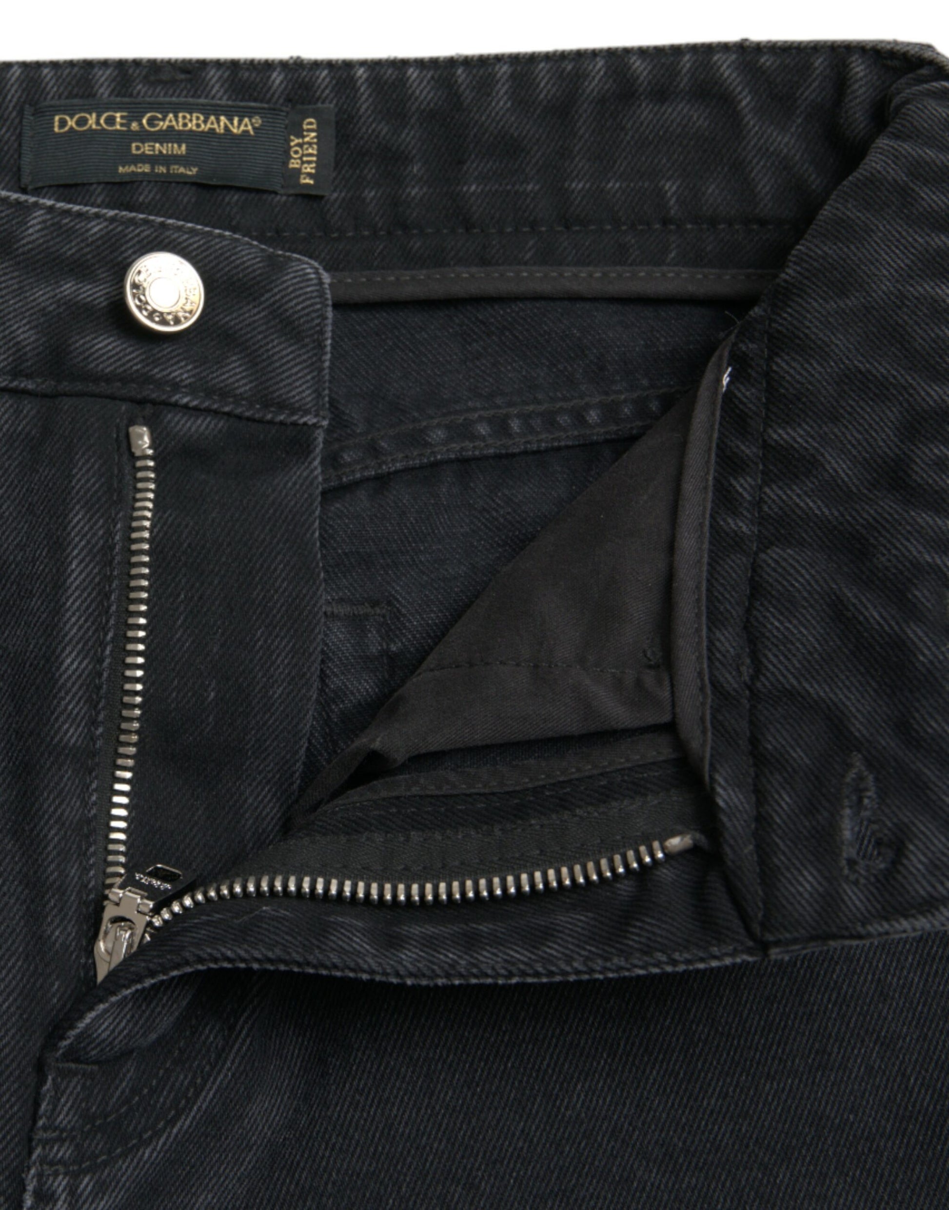 Jean en denim déchiré taille haute en coton noir Dolce & Gabbana