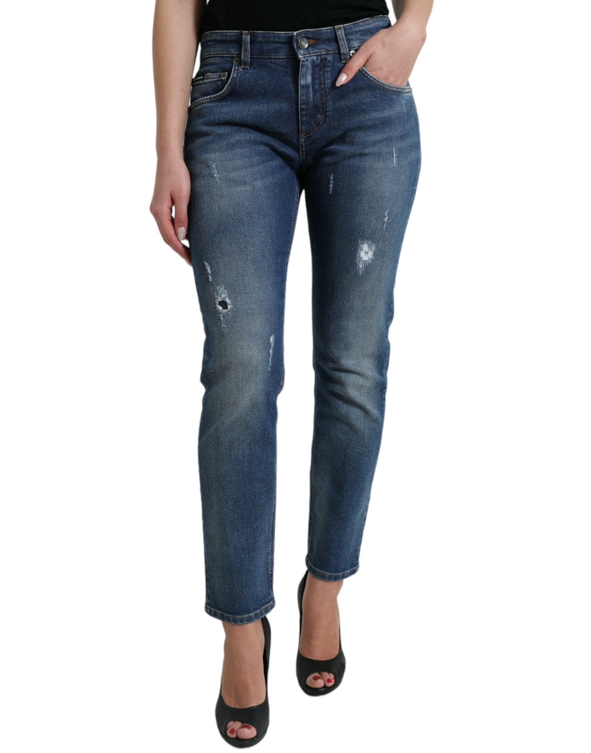 Jean en denim de coton bleu boyfriend taille mi-haute Dolce & Gabbana