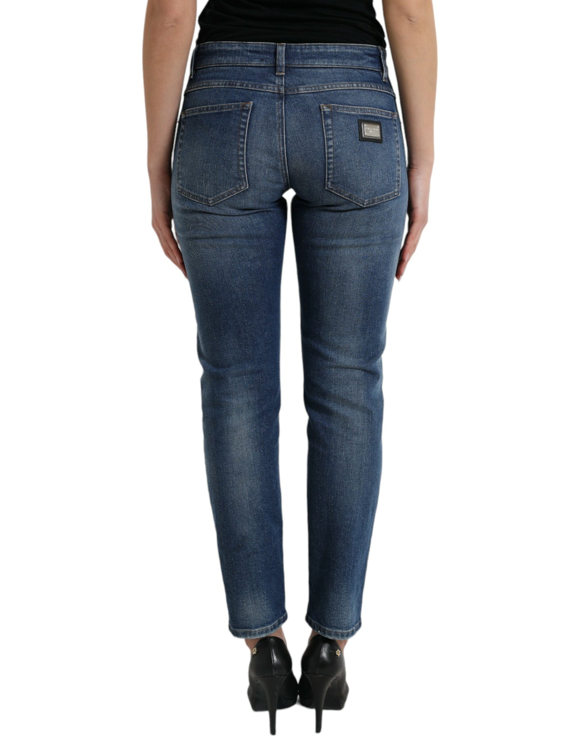 Jean en denim de coton bleu boyfriend taille mi-haute Dolce & Gabbana