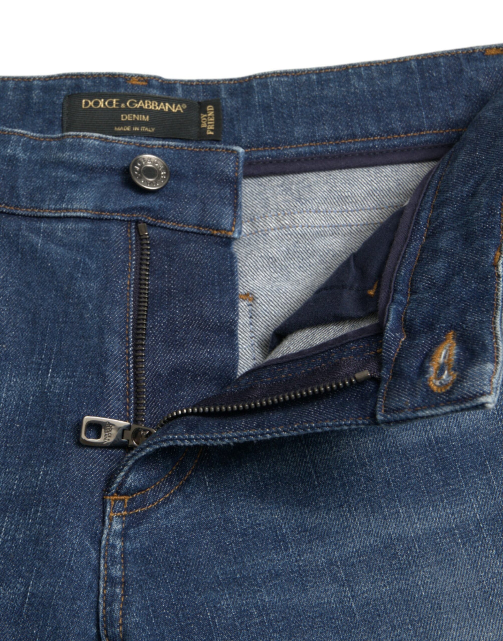 Jean en denim de coton bleu boyfriend taille mi-haute Dolce & Gabbana